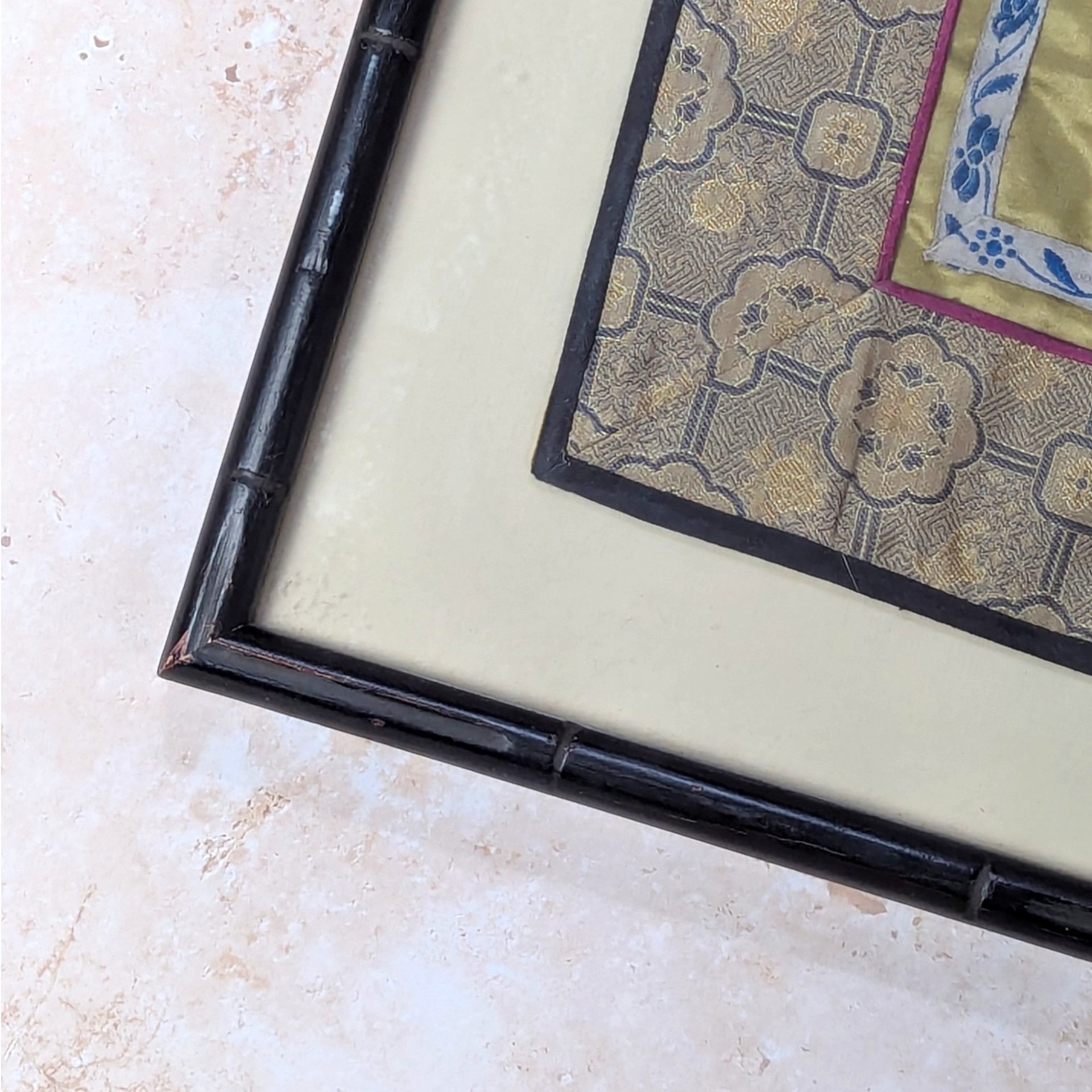 1900s Chinese Silk Embroidery Framed Sleeve Band Wall Hanging