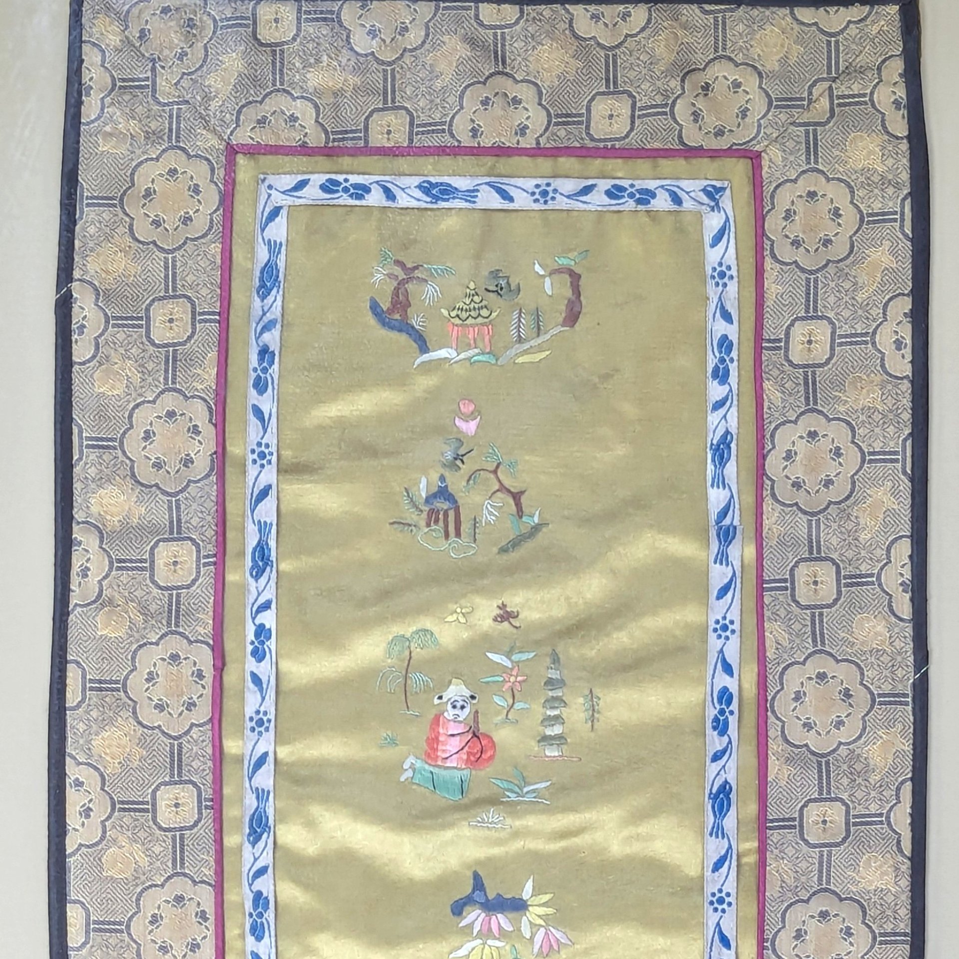 1900s Chinese Silk Embroidery Framed Sleeve Band Wall Hanging