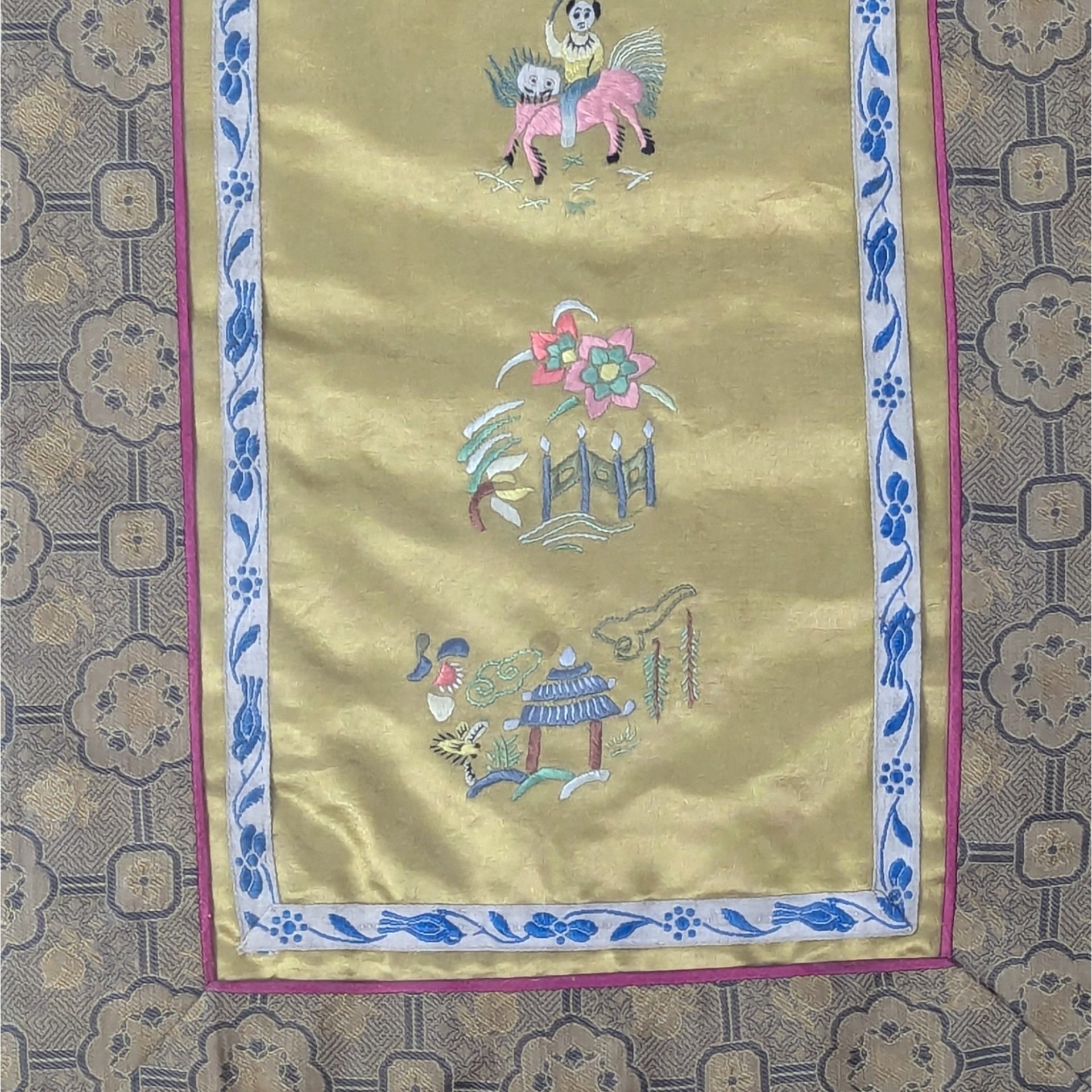 1900s Chinese Silk Embroidery Framed Sleeve Band Wall Hanging