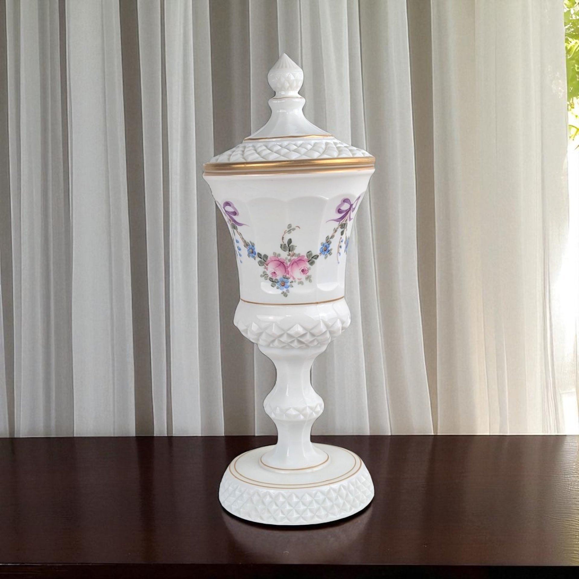 Vintage Westmoreland Roses and Bows Footed Urn with Lid, 12.5" Height, Porcelain Decorative Urn, Elegant Home Decor, Gift for Collector