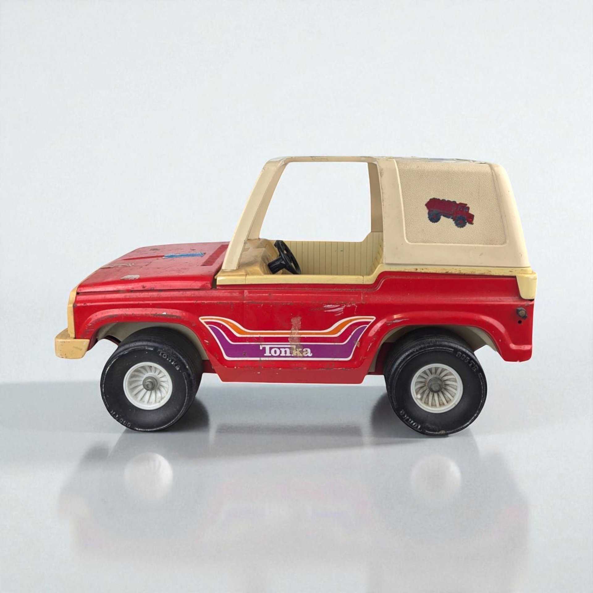 Vintage Red Metal Tonka Mighty Adventure Jeep, 18" Length, Stickers, Collectible Tonka Toy, Gift for Collector