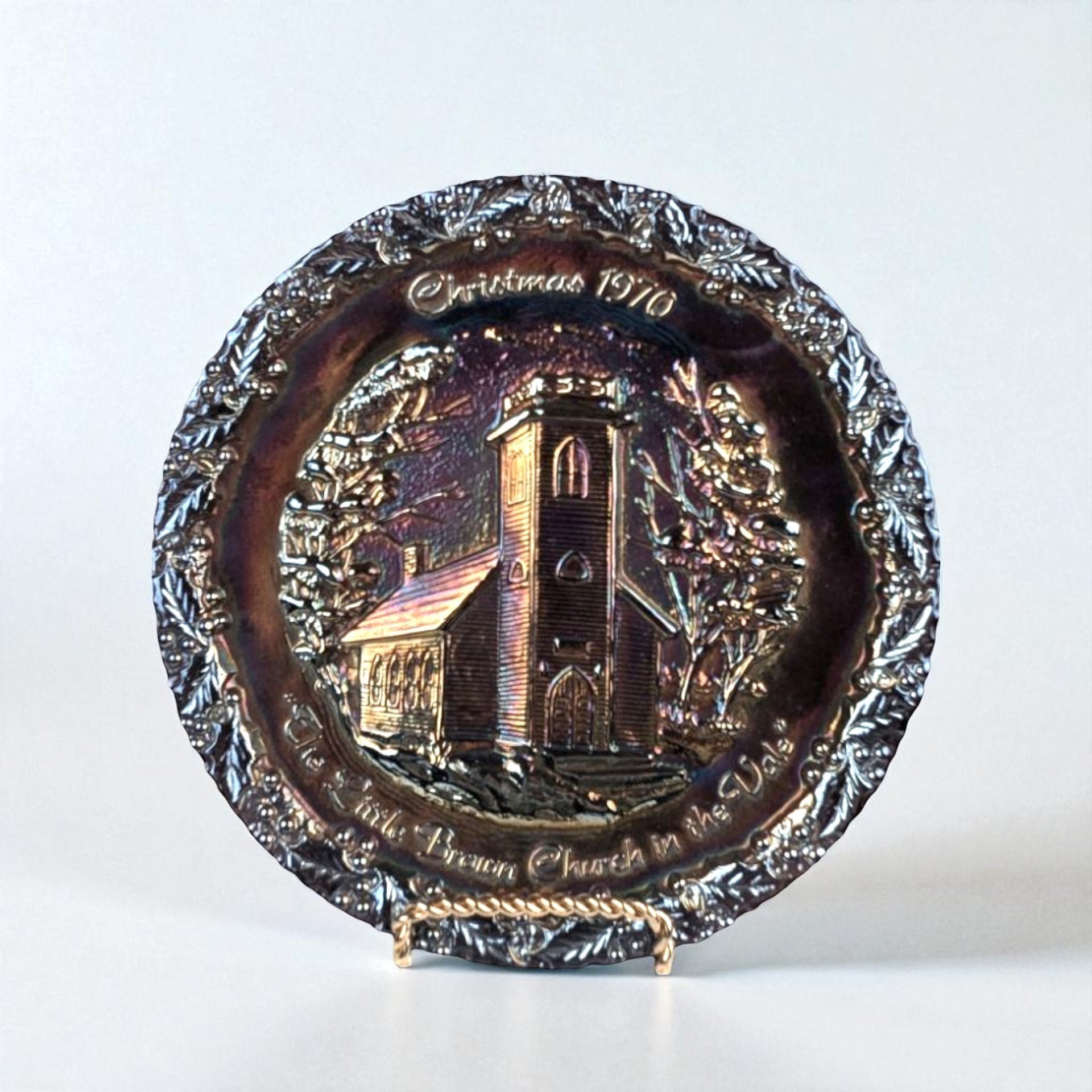 1970 Fenton Glass Christmas Plate, The Little Brown Church in the Vale, Vintage Holiday Decor, Collectible Glass Plate, Winter Scene