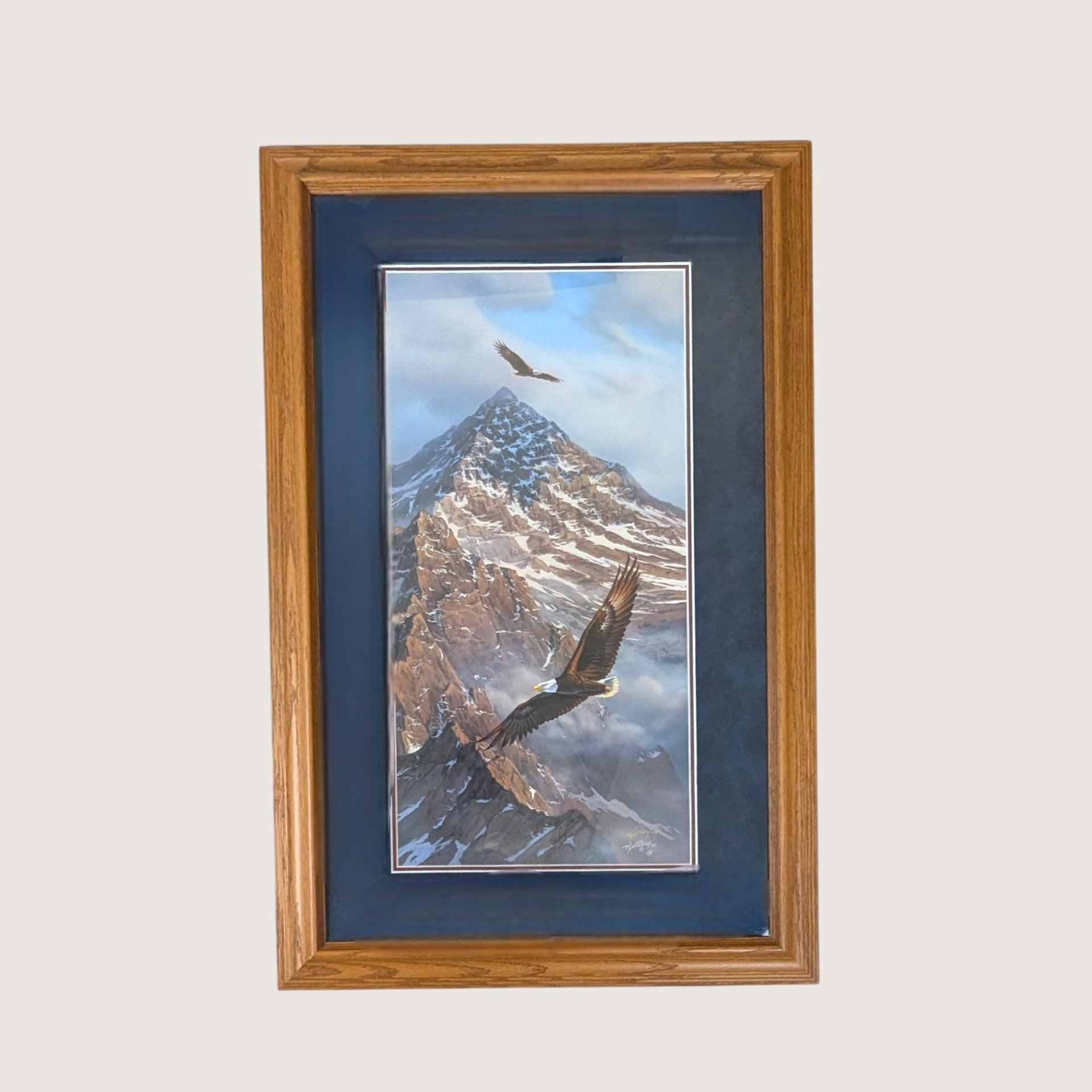 Framed wildlife print showing two bald eagles soaring over a snow covered mountain peak with a dark blue mat.