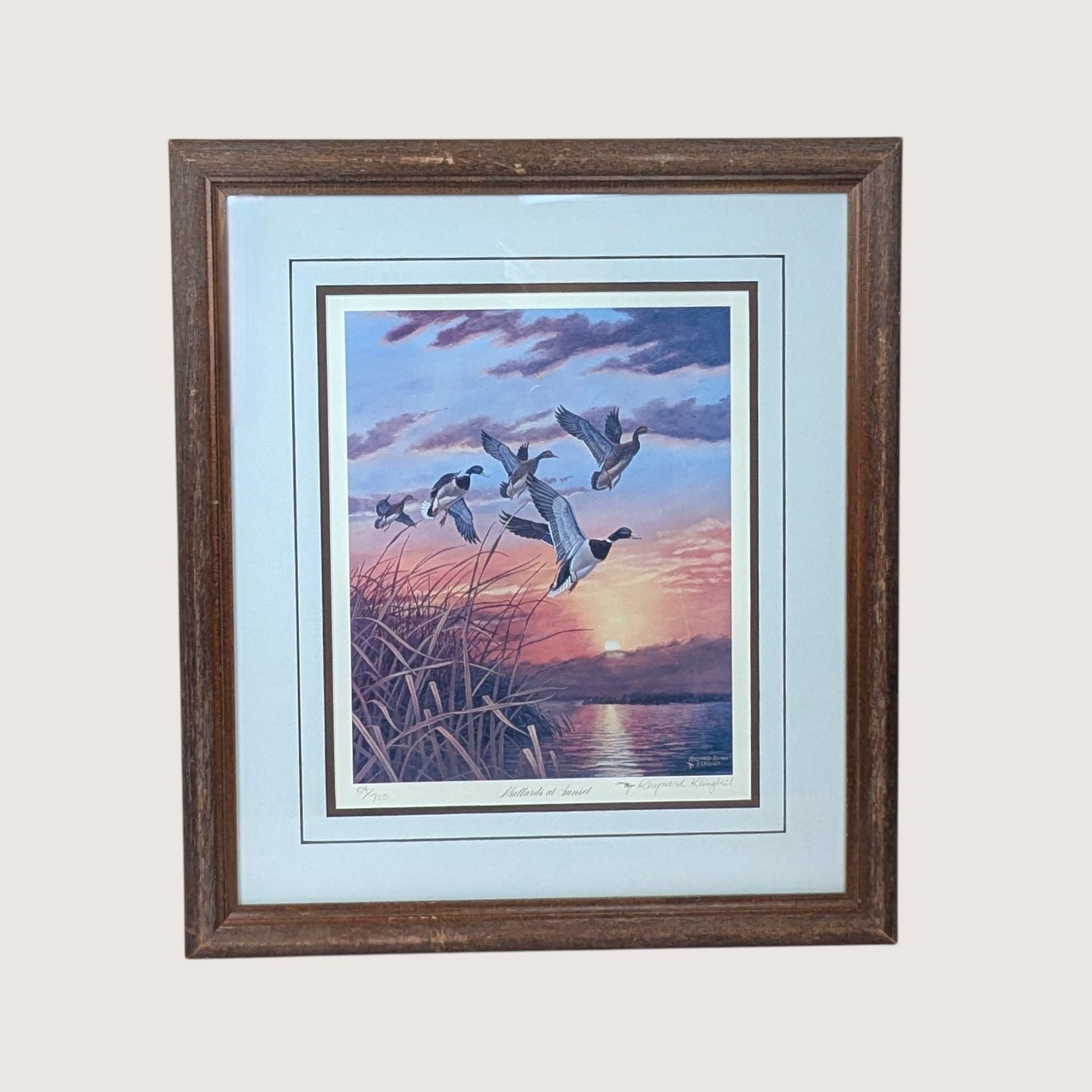 Framed and matted limited edition wildlife print of mallard ducks flying over a marsh at sunset.