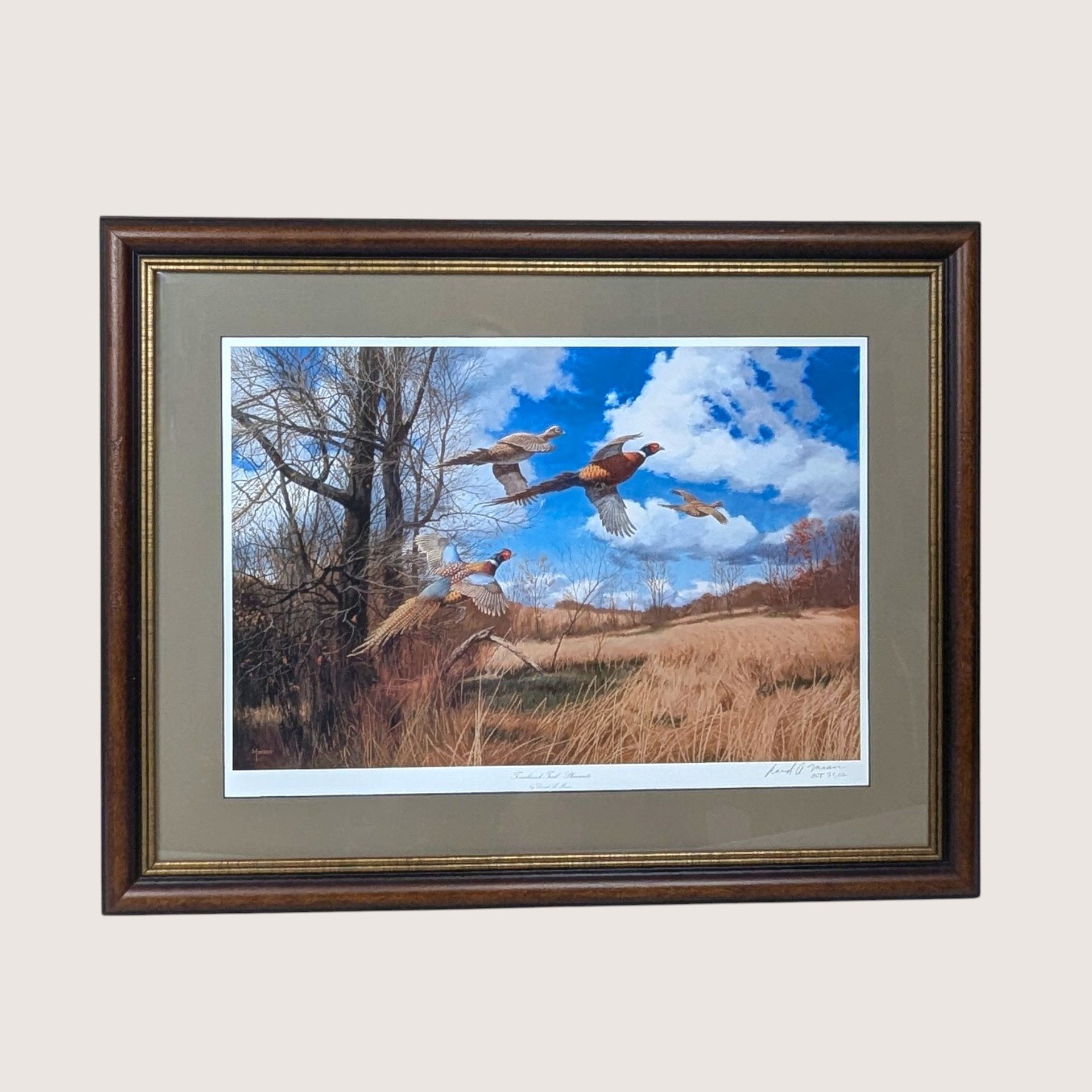 Framed wildlife print of ringneck pheasants flying over a golden autumn field beneath a blue cloudy sky.