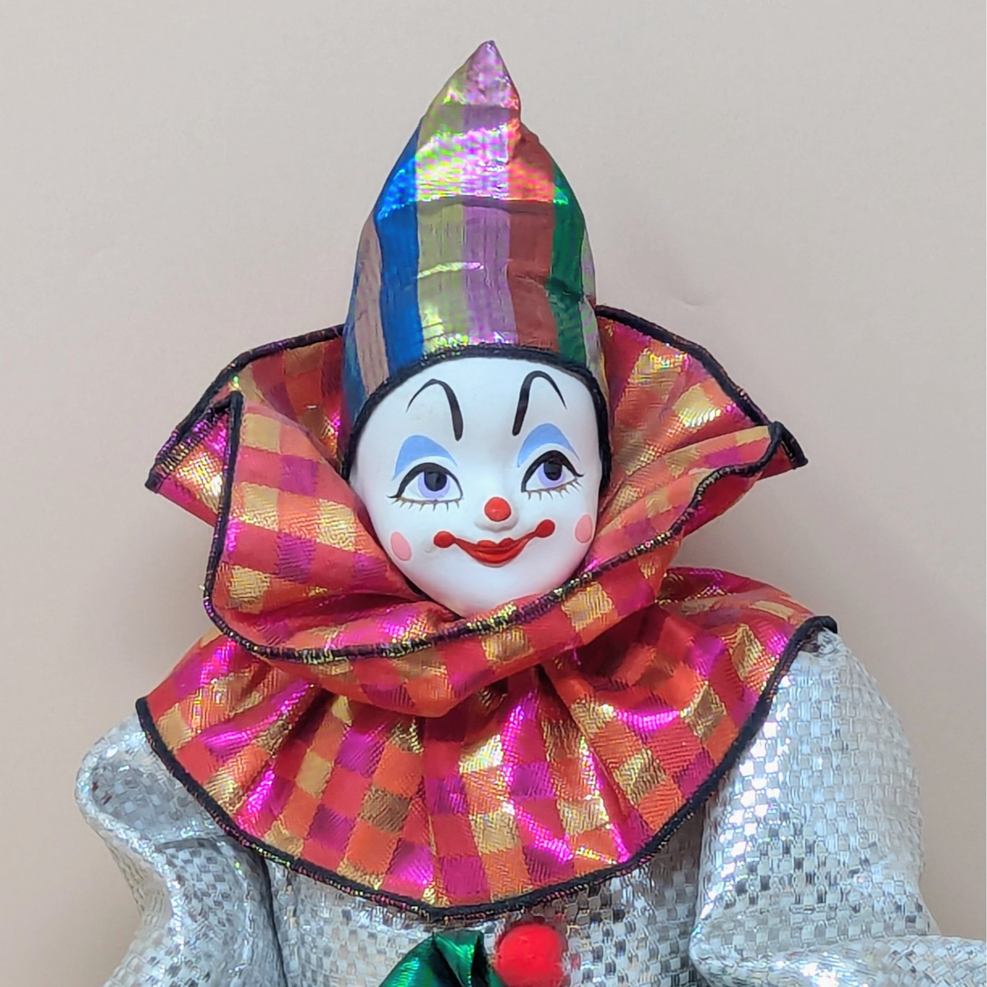 1980s Porcelain Head Posable Colorful Clown Doll