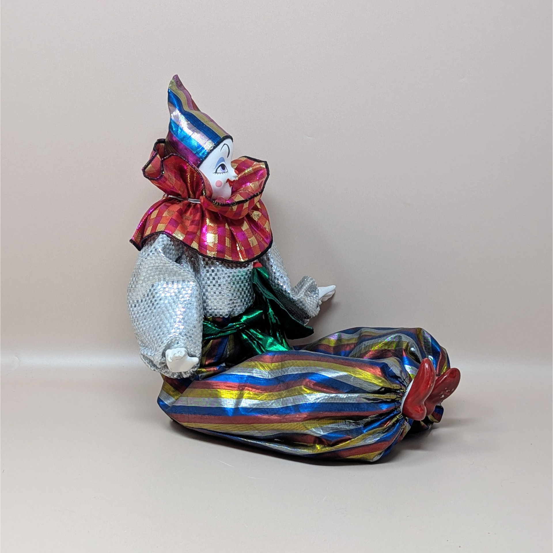 1980s Porcelain Head Posable Colorful Clown Doll
