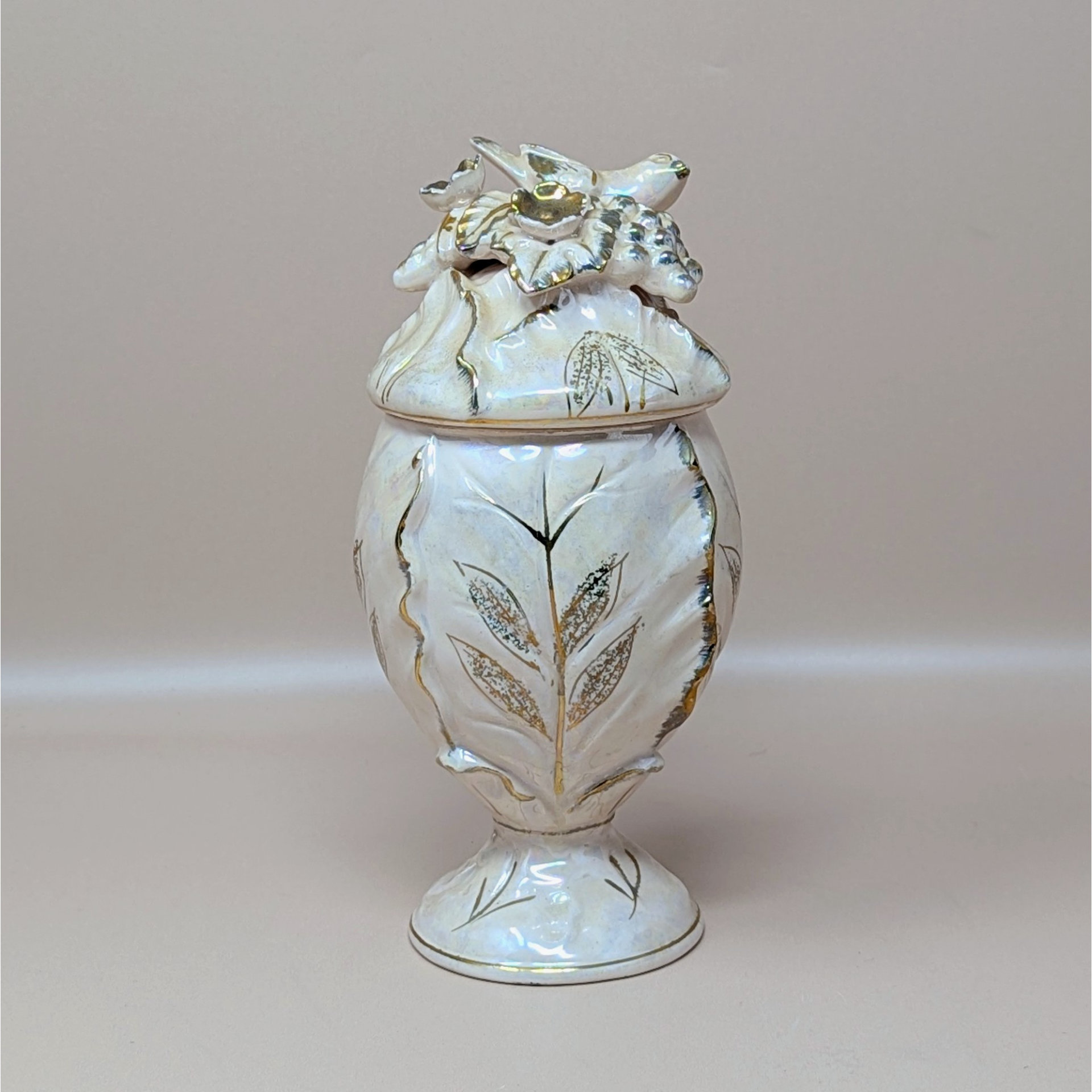 1960s Ceramic Iridescent Pink Bird Compote Jar