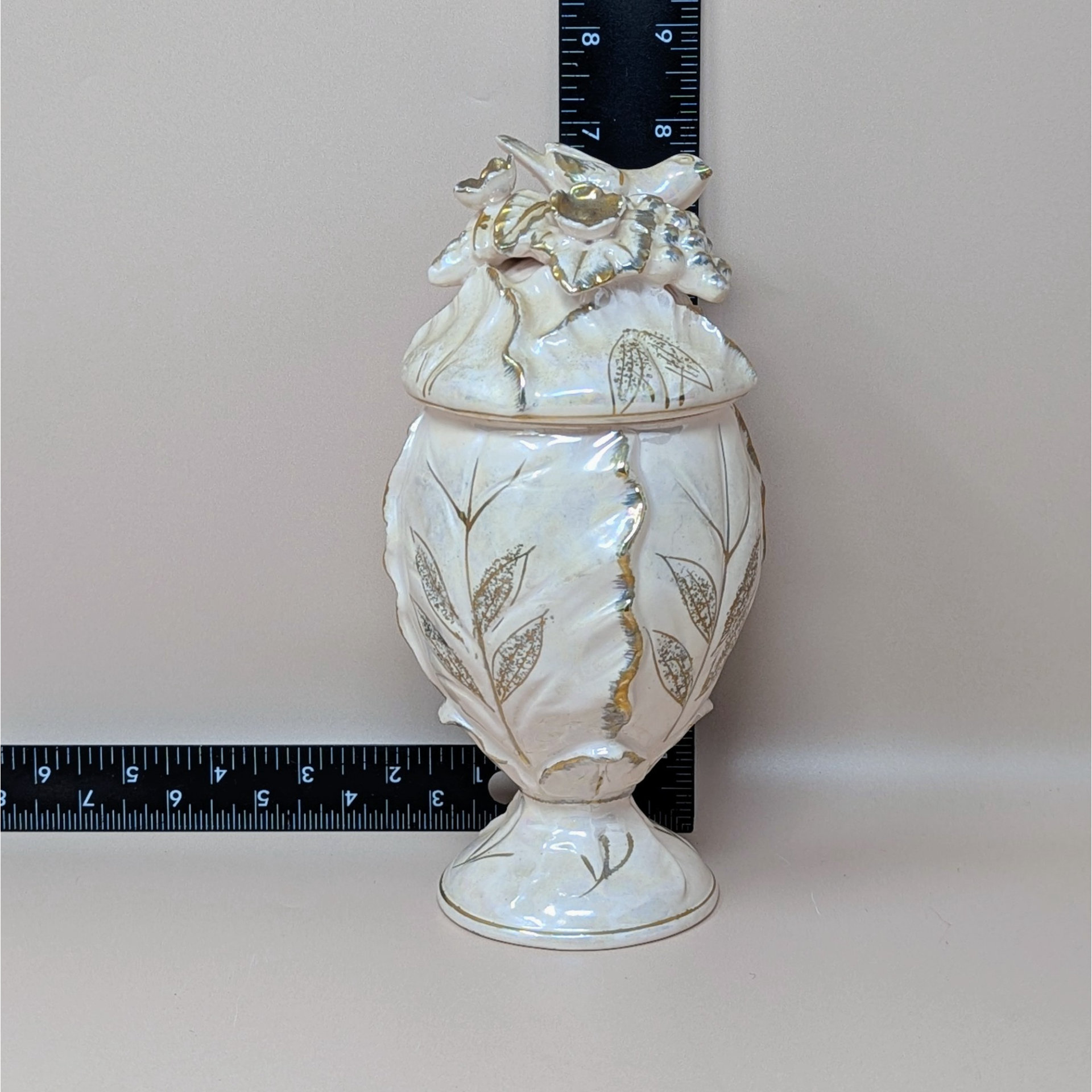 1960s Ceramic Iridescent Pink Bird Compote Jar