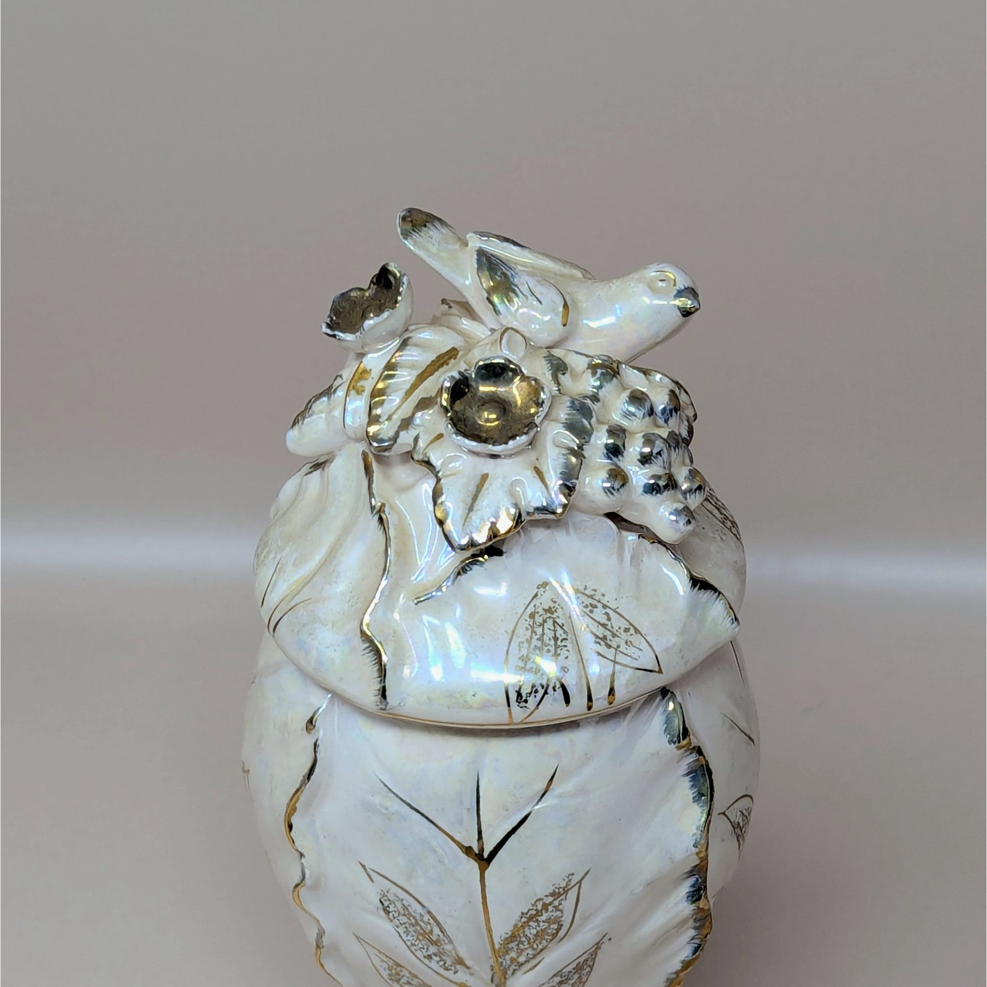 1960s Ceramic Iridescent Pink Bird Compote Jar