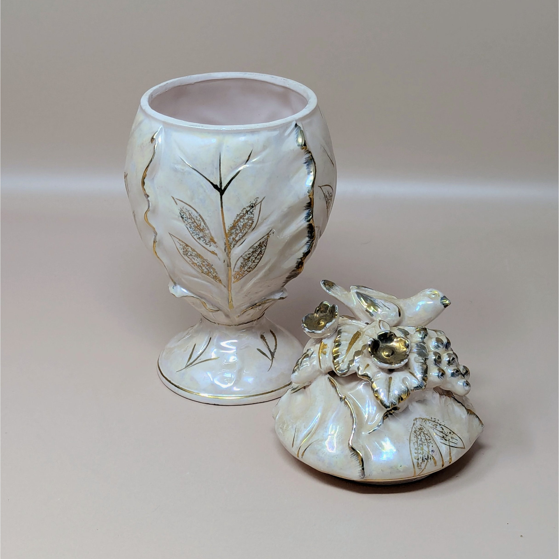 1960s Ceramic Iridescent Pink Bird Compote Jar