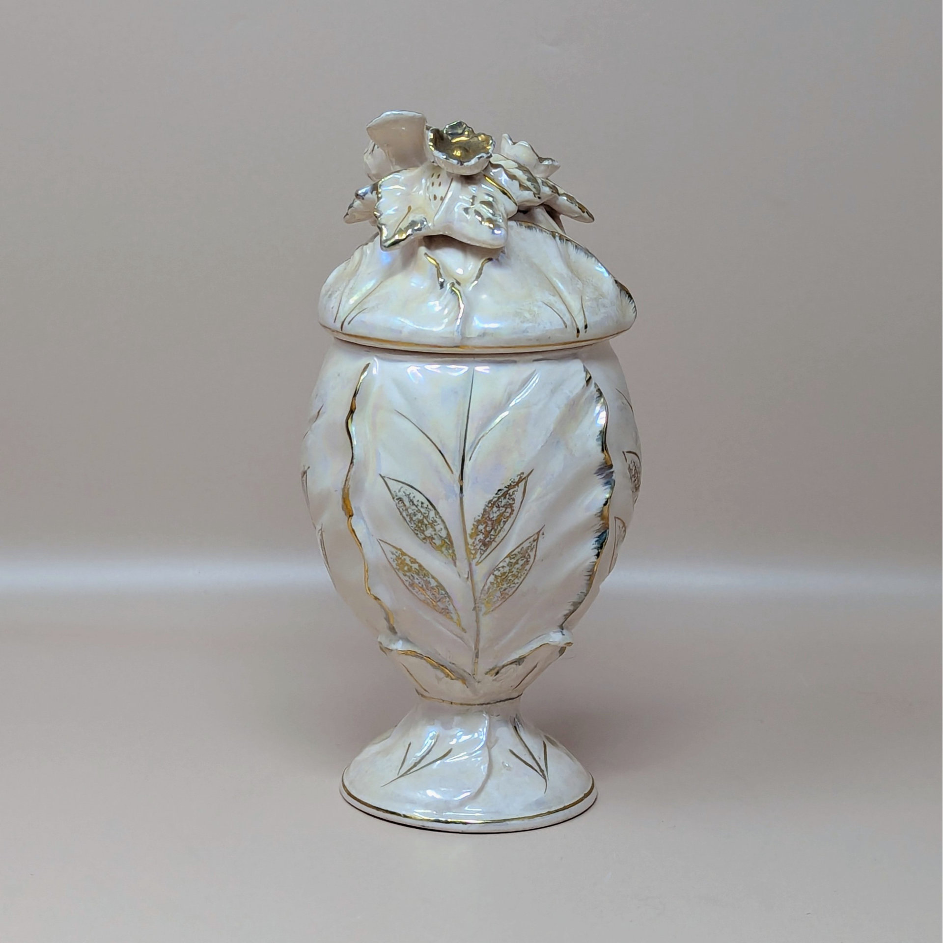 1960s Ceramic Iridescent Pink Bird Compote Jar