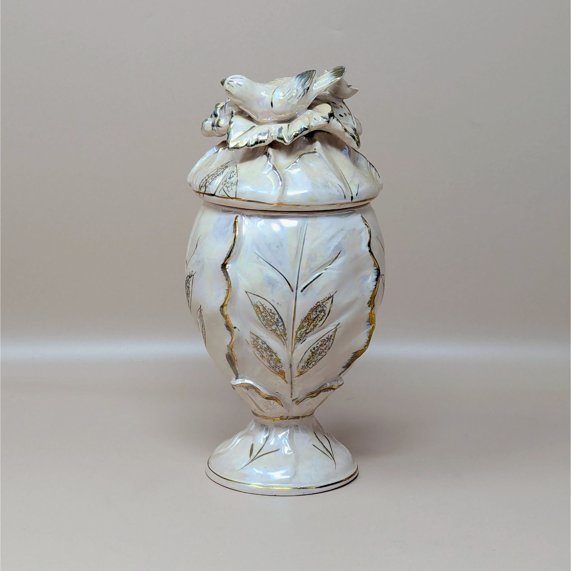 1960s Ceramic Iridescent Pink Bird Compote Jar