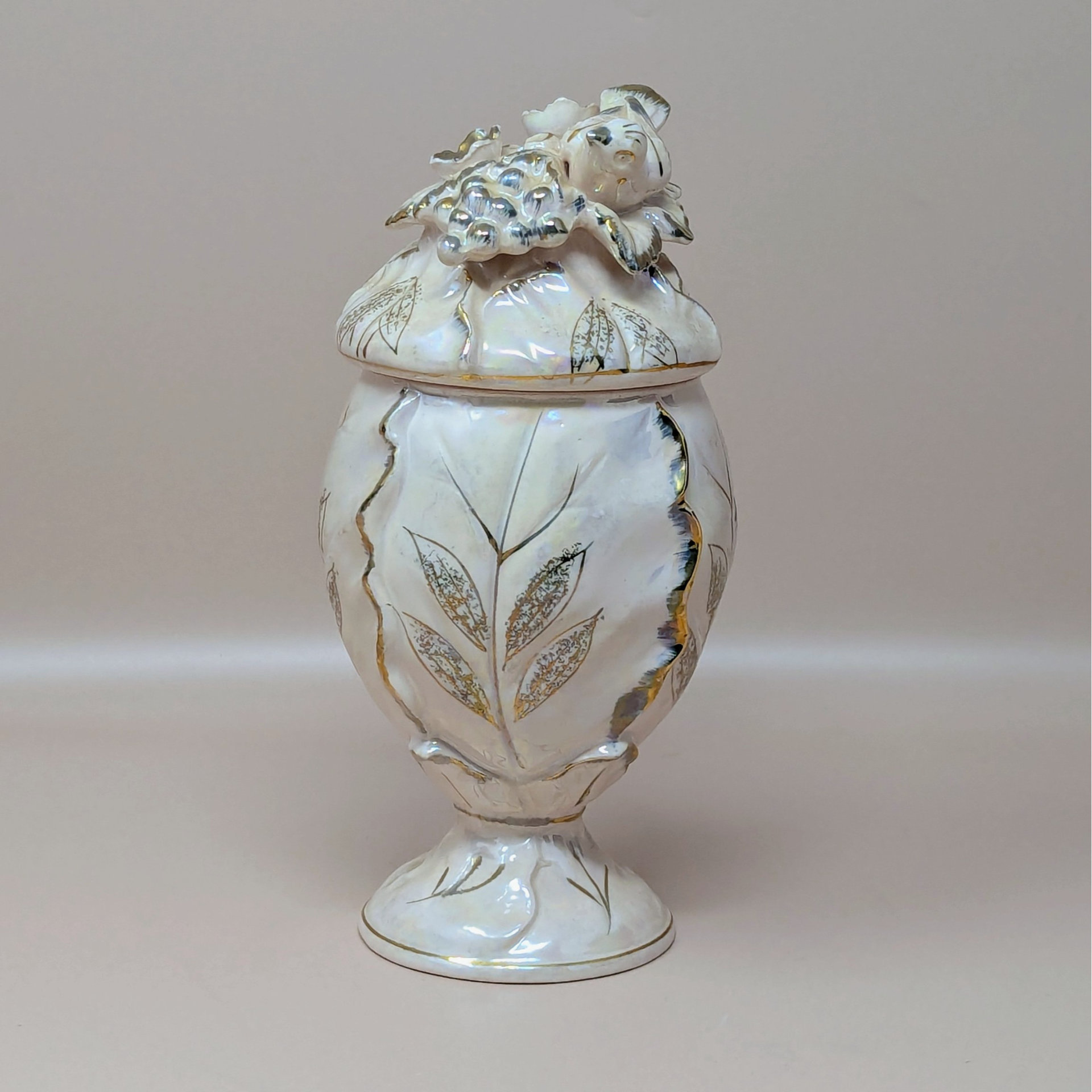1960s Ceramic Iridescent Pink Bird Compote Jar