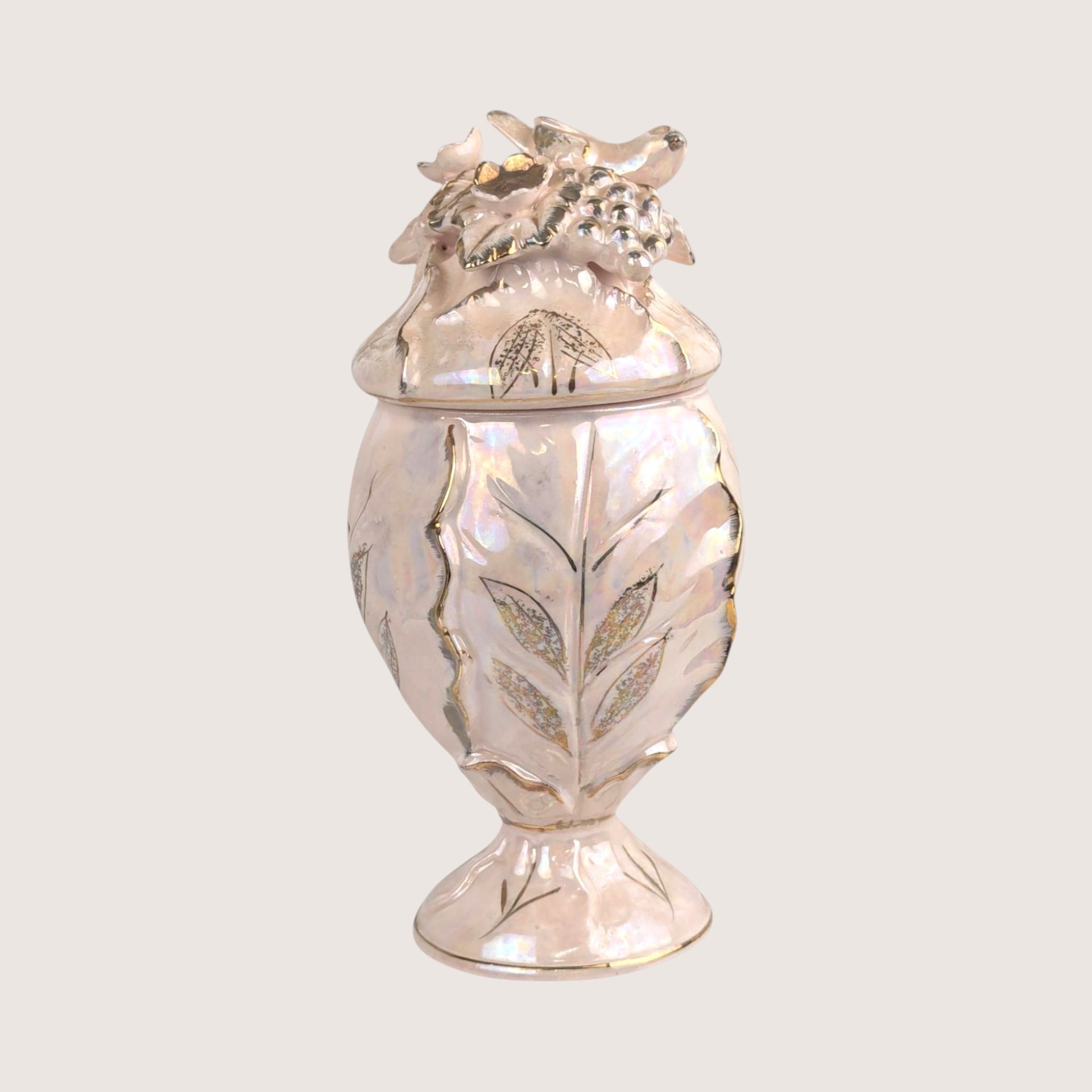 1960s Ceramic Iridescent Pink Bird Compote Jar