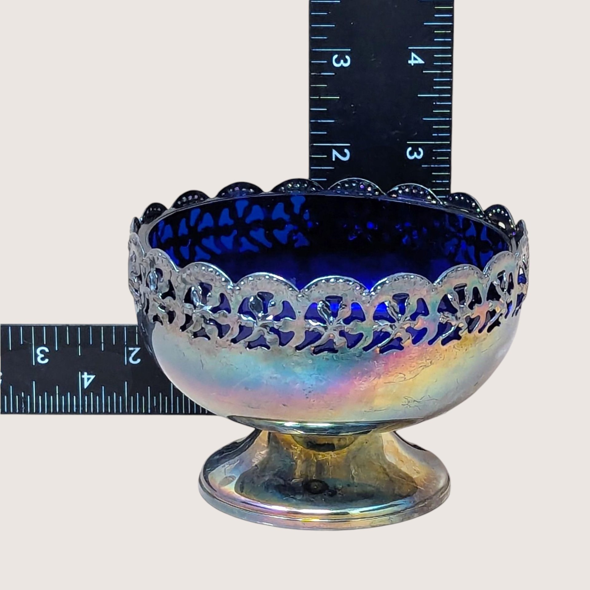 1950s English Celtic Silverplated Cobalt Blue Glass Cream Sugar Set