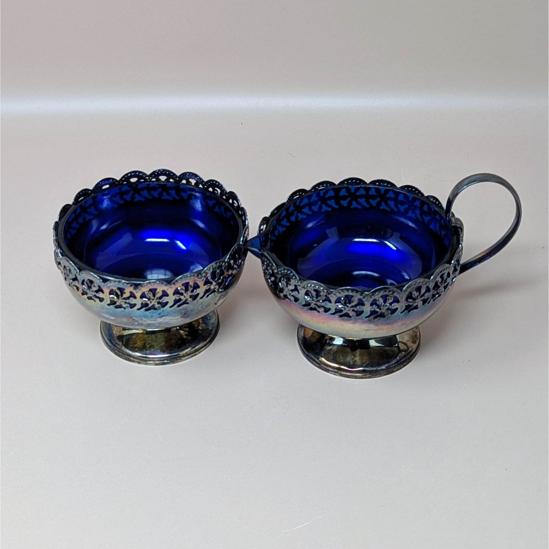 1950s English Celtic Silverplated Cobalt Blue Glass Cream Sugar Set