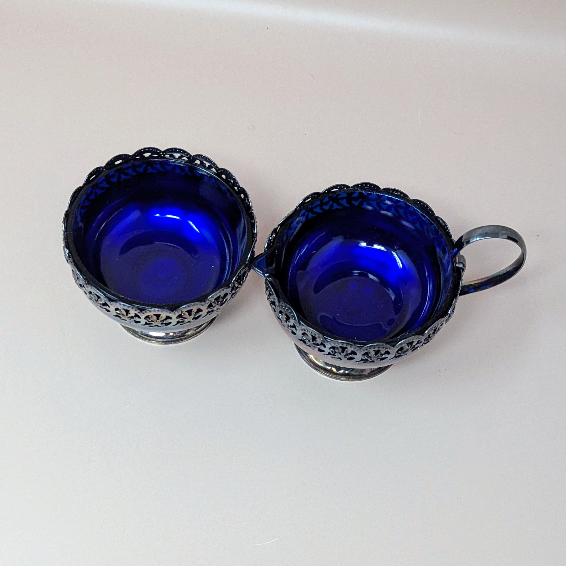 1950s English Celtic Silverplated Cobalt Blue Glass Cream Sugar Set