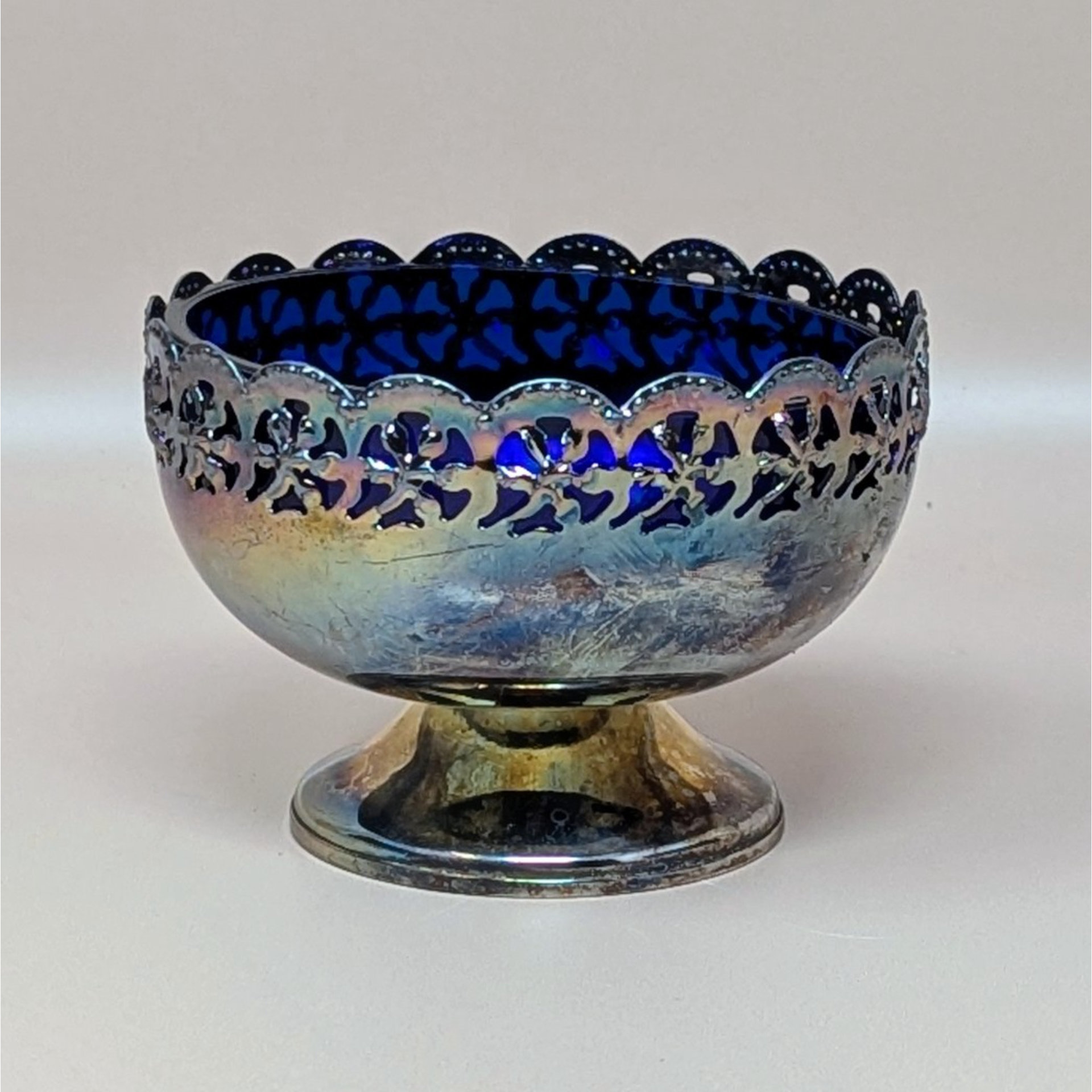 1950s English Celtic Silverplated Cobalt Blue Glass Cream Sugar Set