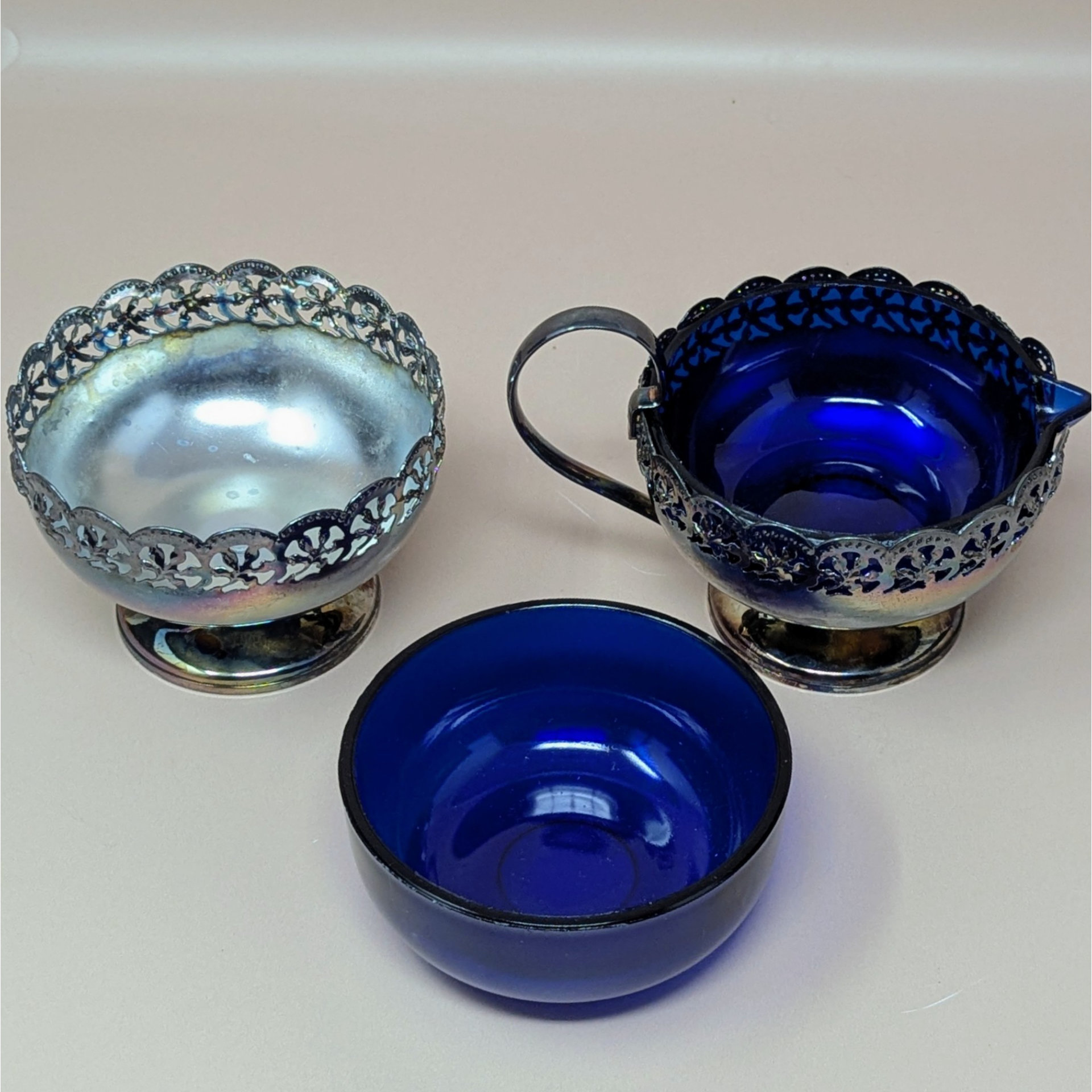 1950s English Celtic Silverplated Cobalt Blue Glass Cream Sugar Set