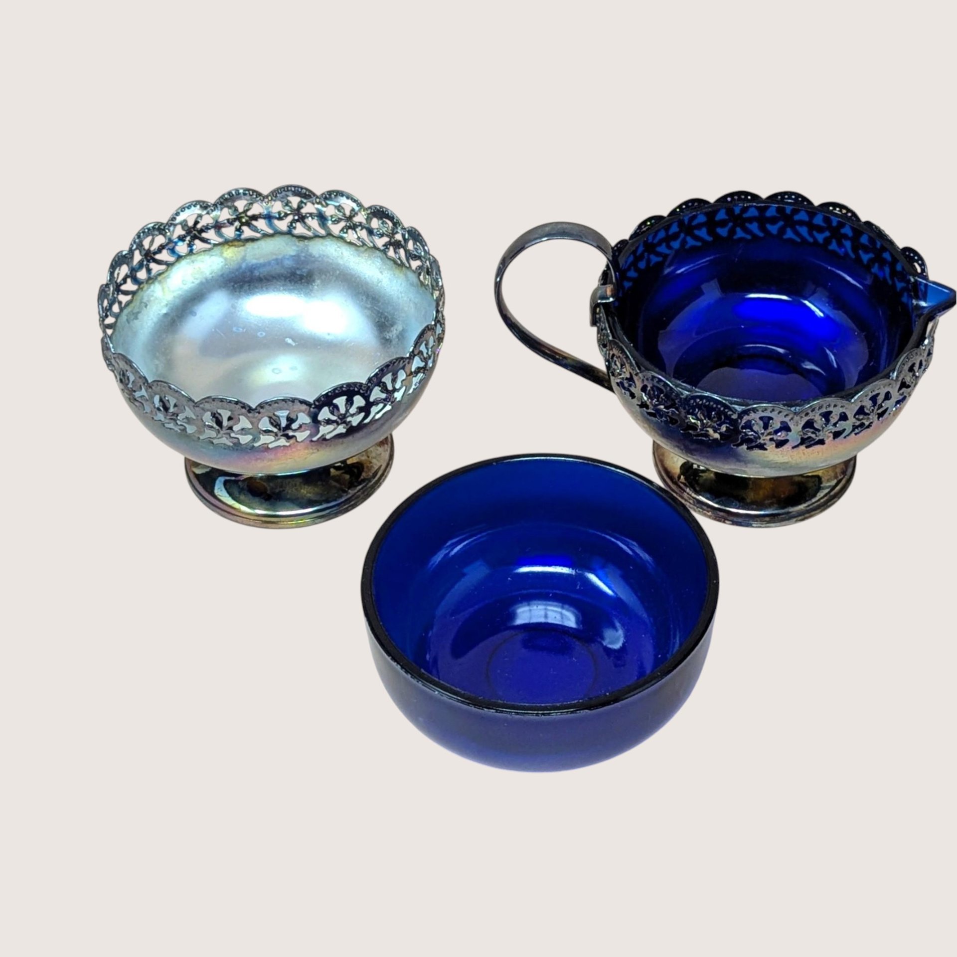 1950s English Celtic Silverplated Cobalt Blue Glass Cream Sugar Set