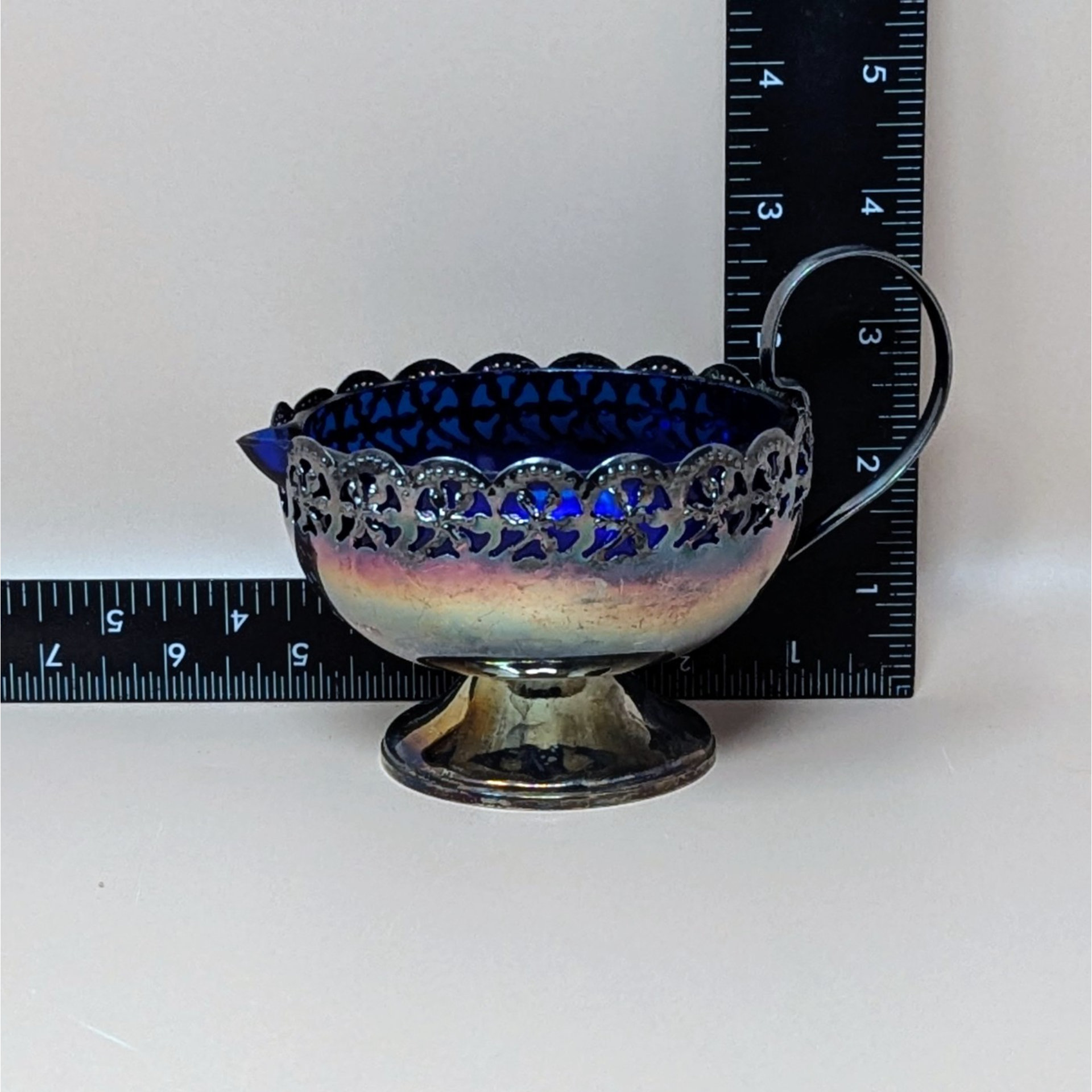 1950s English Celtic Silverplated Cobalt Blue Glass Cream Sugar Set