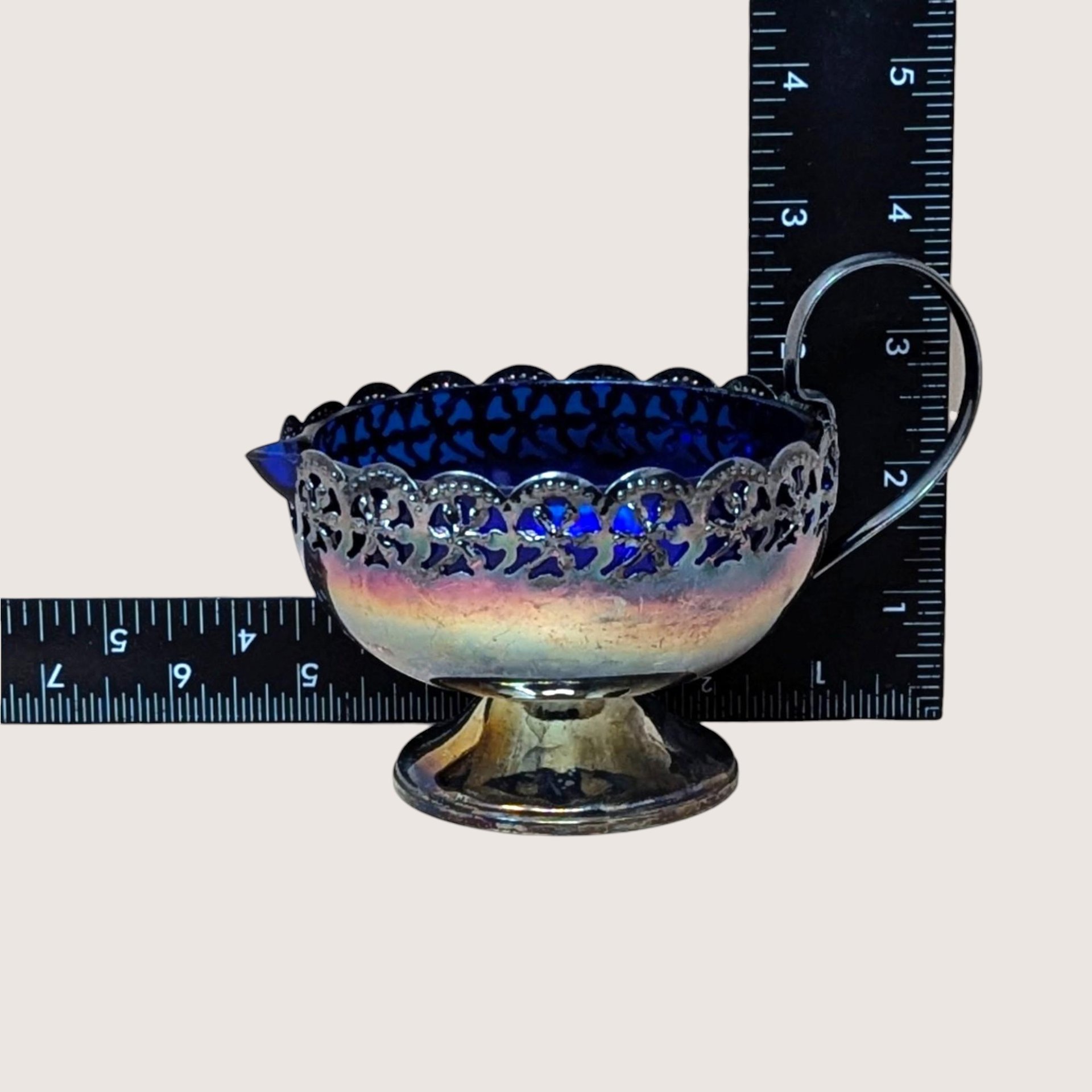 1950s English Celtic Silverplated Cobalt Blue Glass Cream Sugar Set