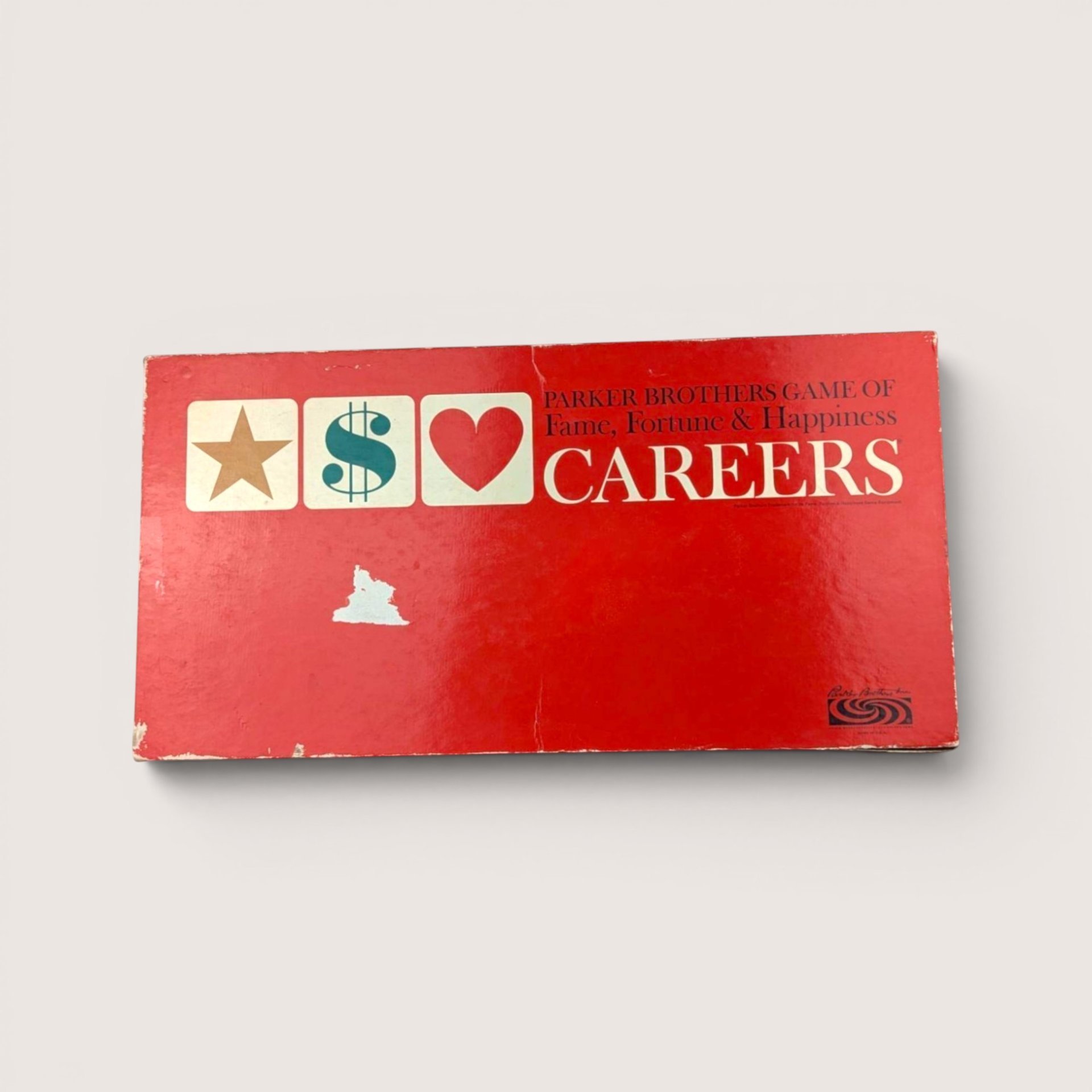 Vintage Careers board game box in bright red with star dollar sign and heart symbols