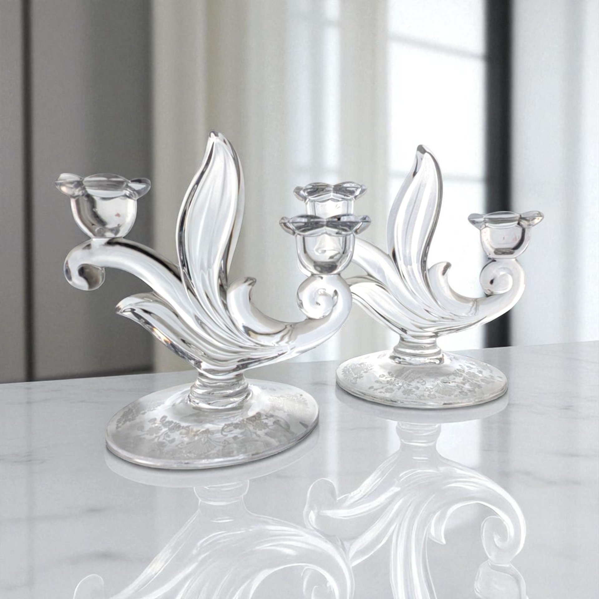 1940s Duncan Miller First Love Double Candlesticks Pair