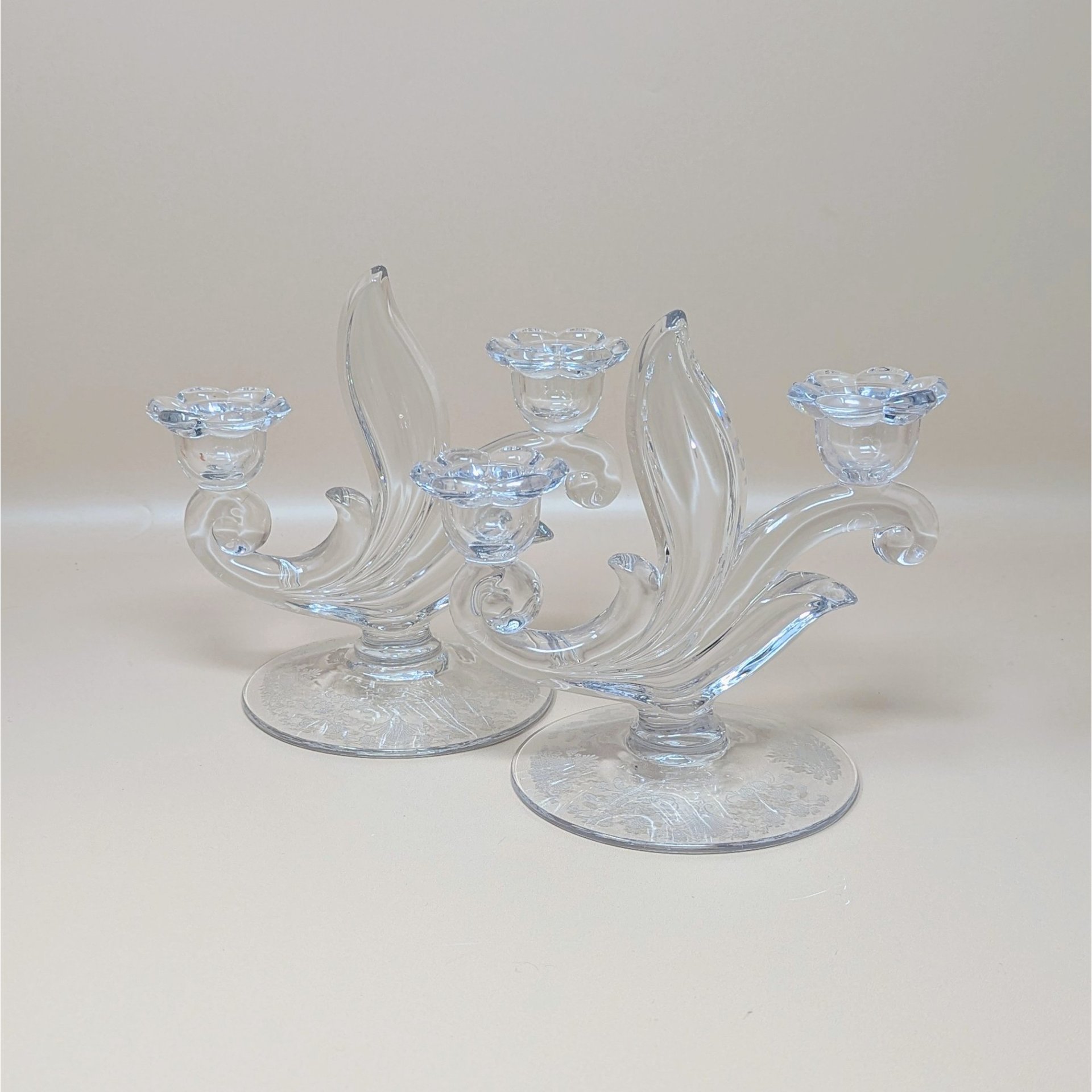 1940s Duncan Miller First Love Double Candlesticks Pair