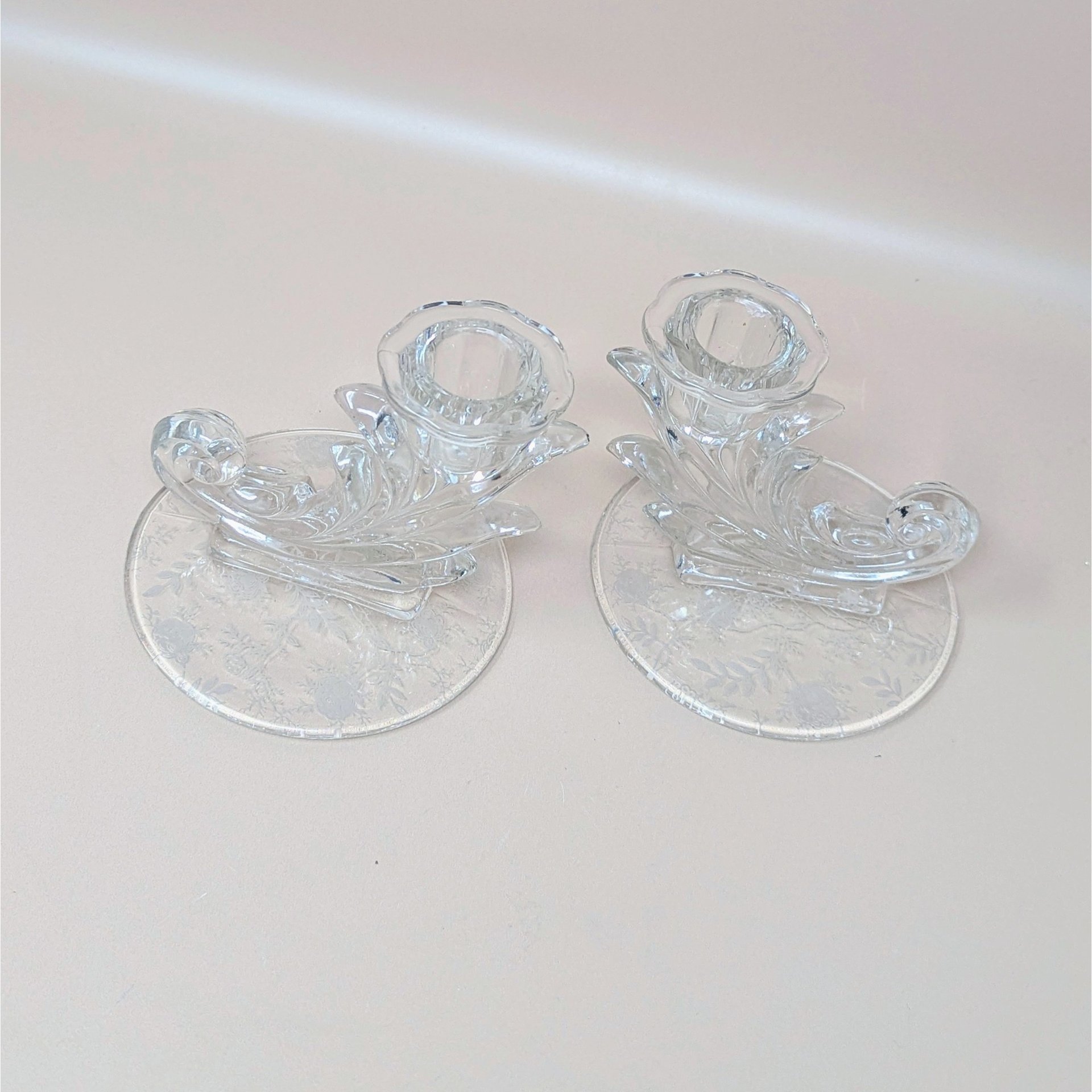 1940s Fostoria Navarre Baroque Cornucopia Candlestick Holders Pair