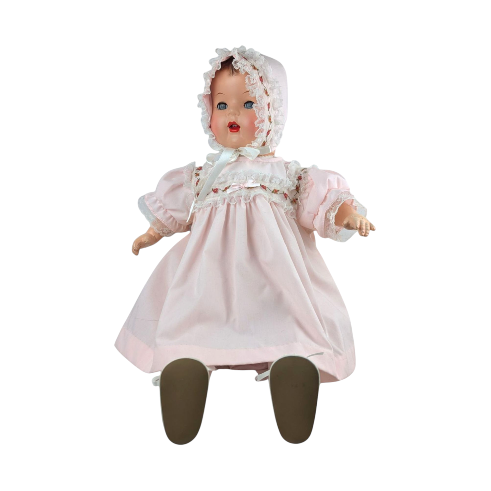 Vintage Baby Doll in Pink Dress and Bonnet, Large Vintage Doll with Moving Eyes and Sound