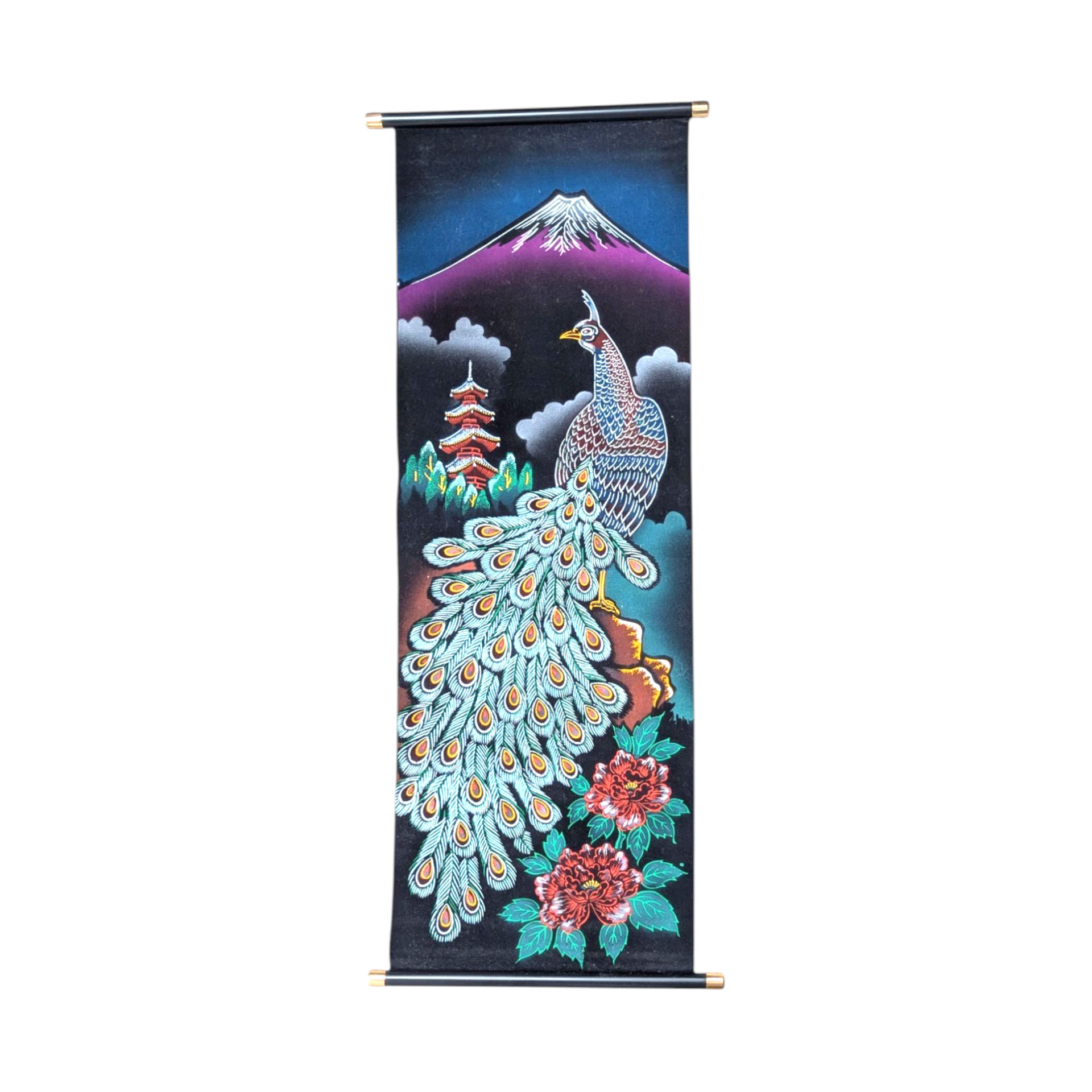 Vintage Japanese Scroll Mount Fuji Peacock Velvet Handpainted Wall Art