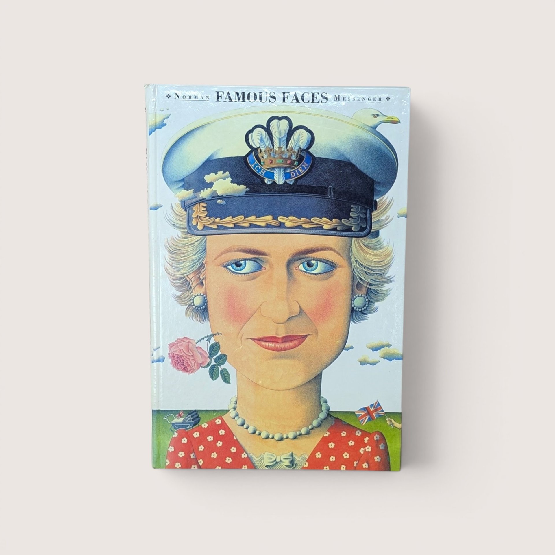 An illustrated hardcover book cover featuring a surreal caricature portrait of a woman wearing a large officer cap