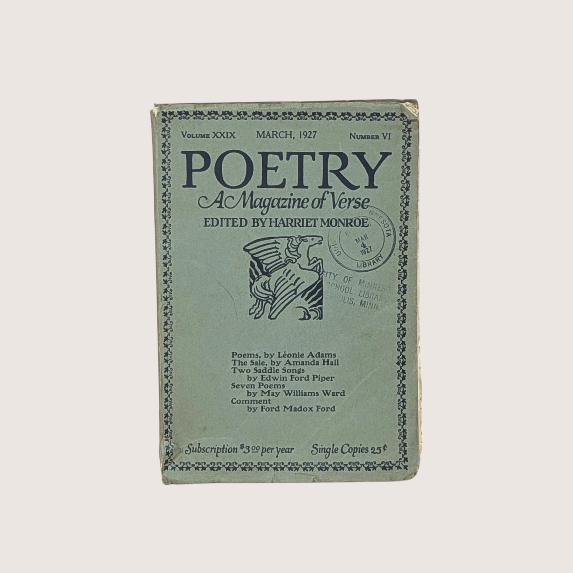 A vintage green paper cover of Poetry A Magazine of Verse from March 1927 featuring a Pegasus illustration