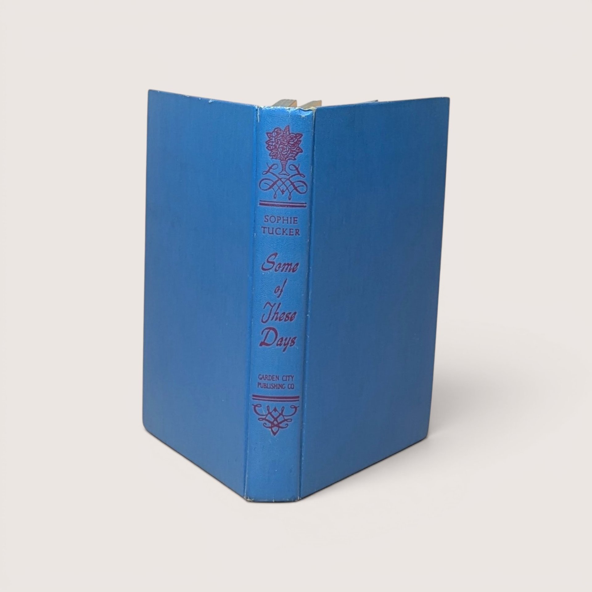 A vintage blue cloth hardcover book spine standing upright against a neutral backdrop
