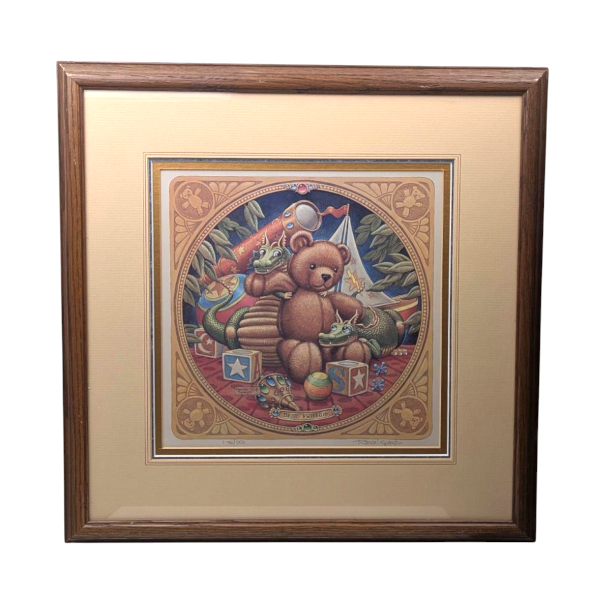 Vintage 1990 Randal Spangler Signed, Numbered, Framed Print, The Draglings Story, Teddy Bear, Fantasy Art. Collectible Wall Decor