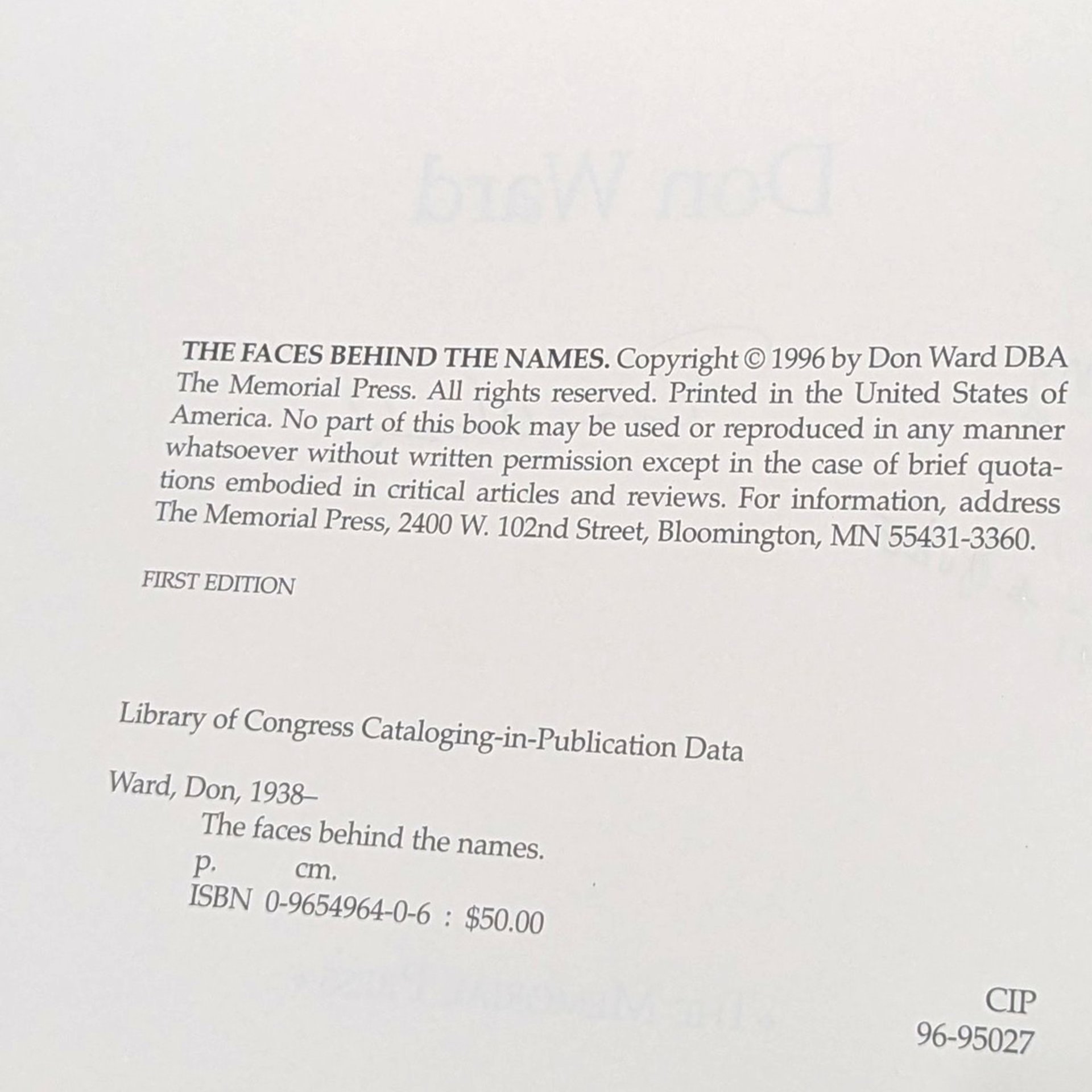 1996 The Faces Behind the Names The Vietnam War Don Ward Signed Hardcover