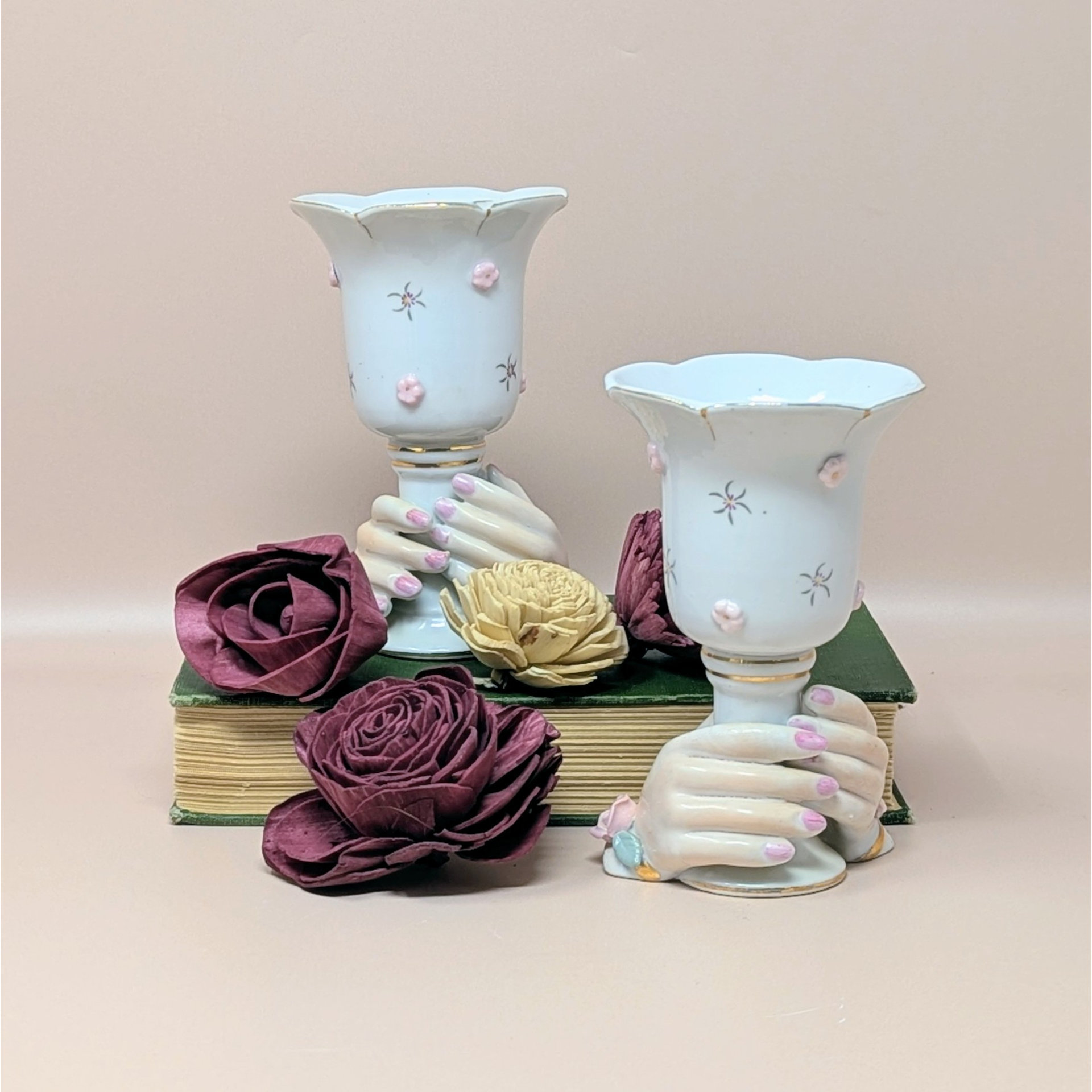 Vintage Ceramic Hands Holding Cup Candle Holder Pair