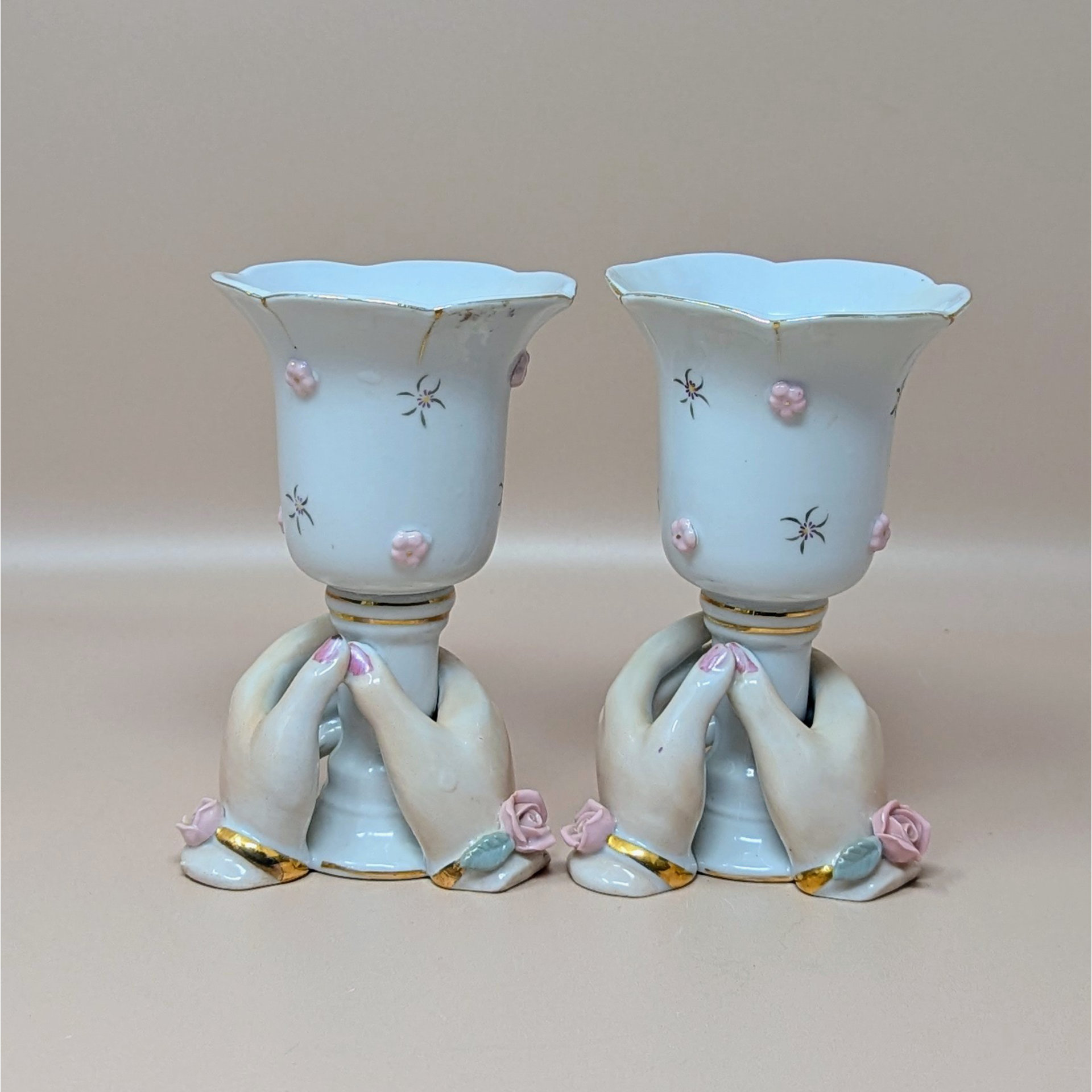 Vintage Ceramic Hands Holding Cup Candle Holder Pair
