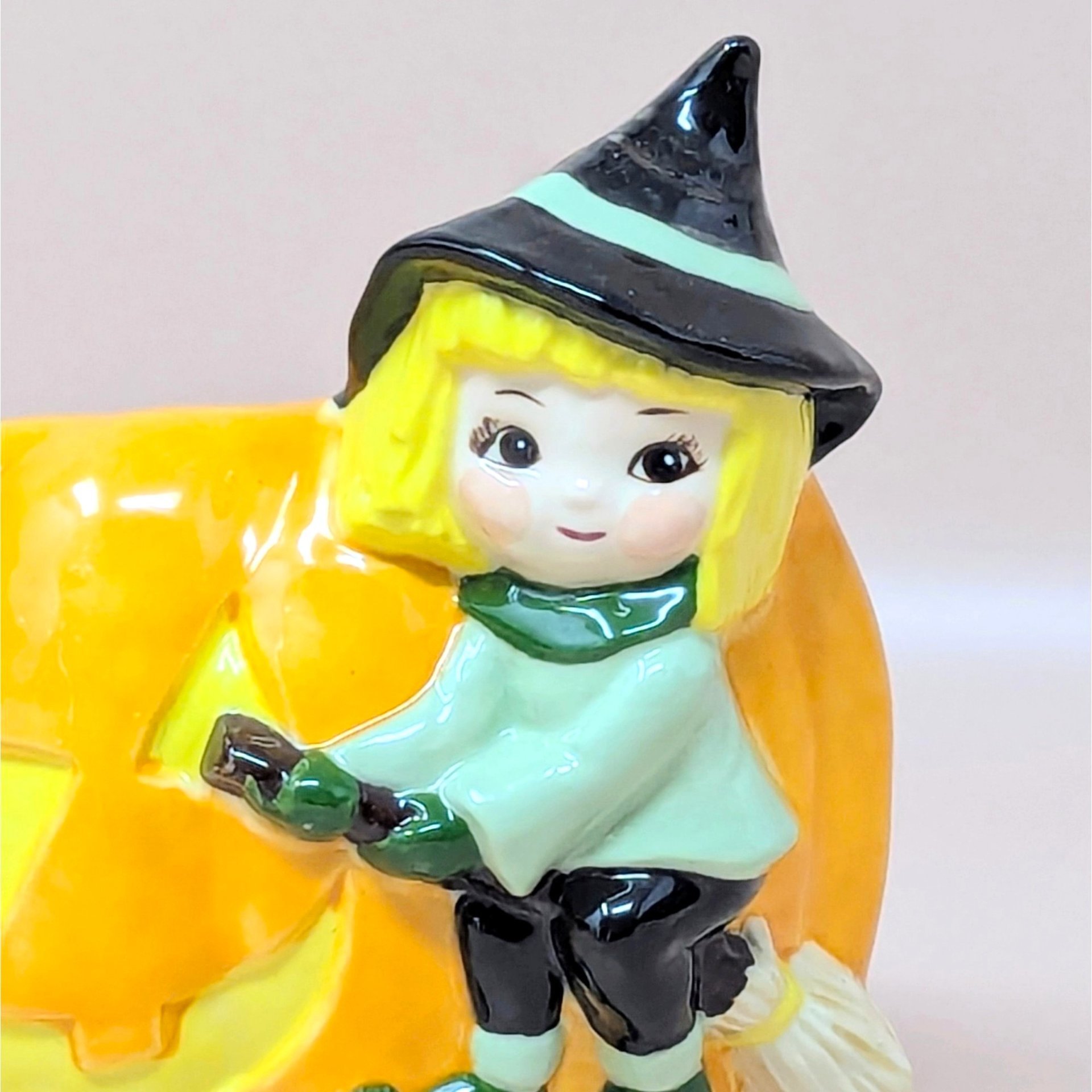 Vintage Halloween Witch Riding Pumpkin Planter