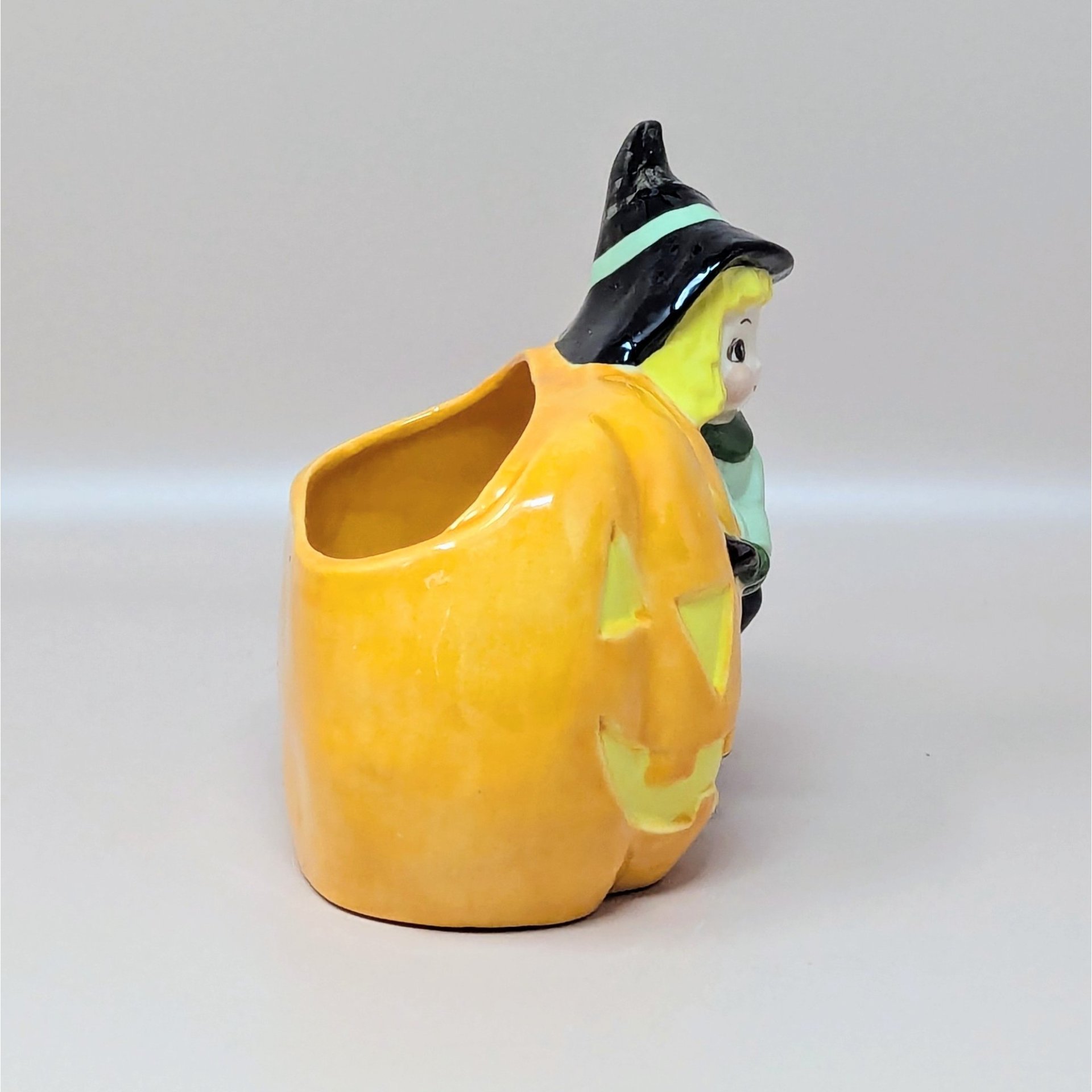 Vintage Halloween Witch Riding Pumpkin Planter