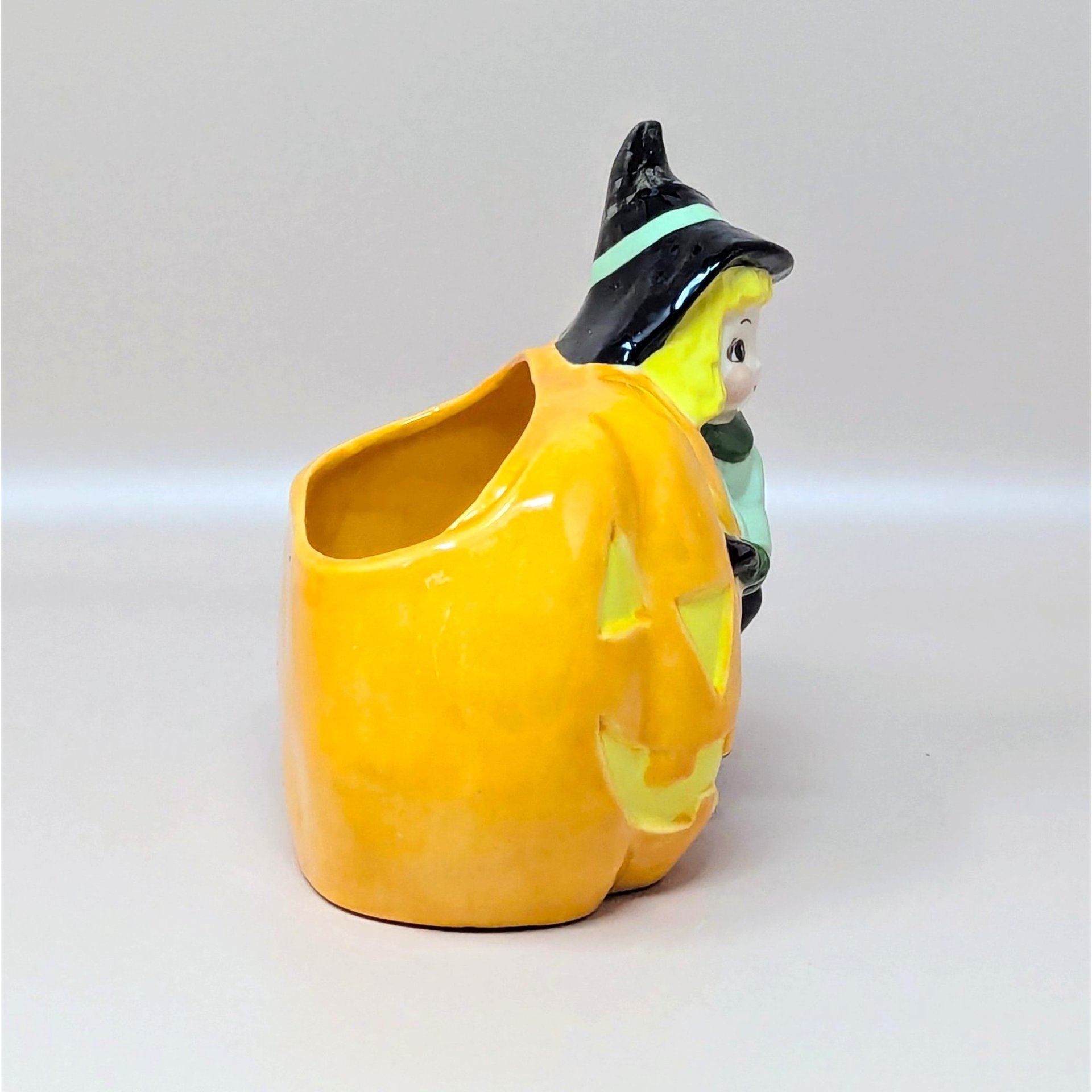 Vintage Halloween Witch Riding Pumpkin Planter