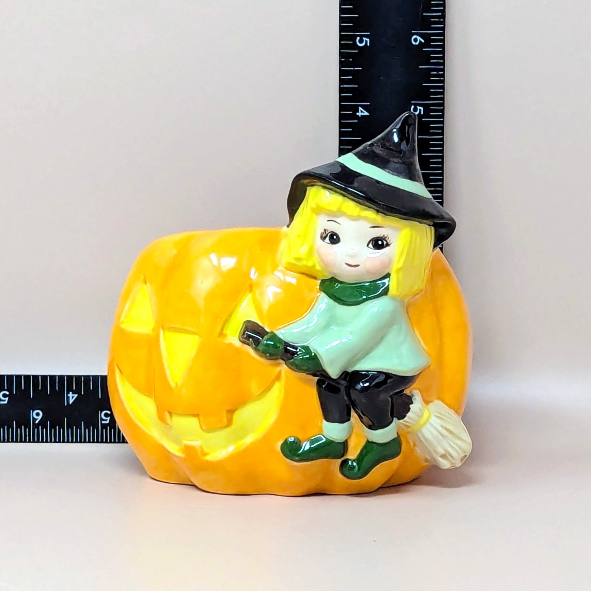 Vintage Halloween Witch Riding Pumpkin Planter