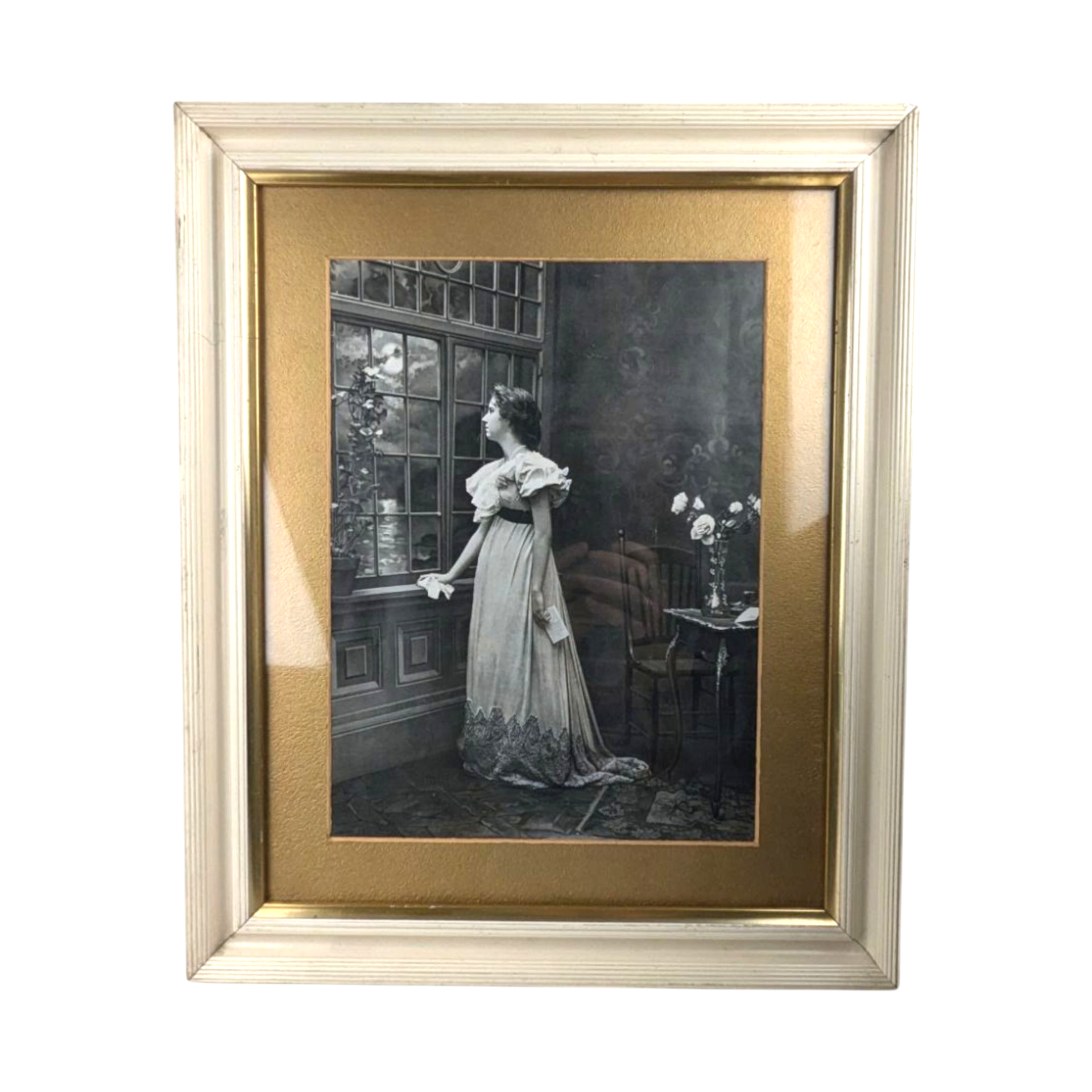 Ullman Mfg Co 1898 Print "Watching and Waiting" Framed Victorian Wall Art, Woman Gazing at Moon, Gilded Age Edwardian Home Decor