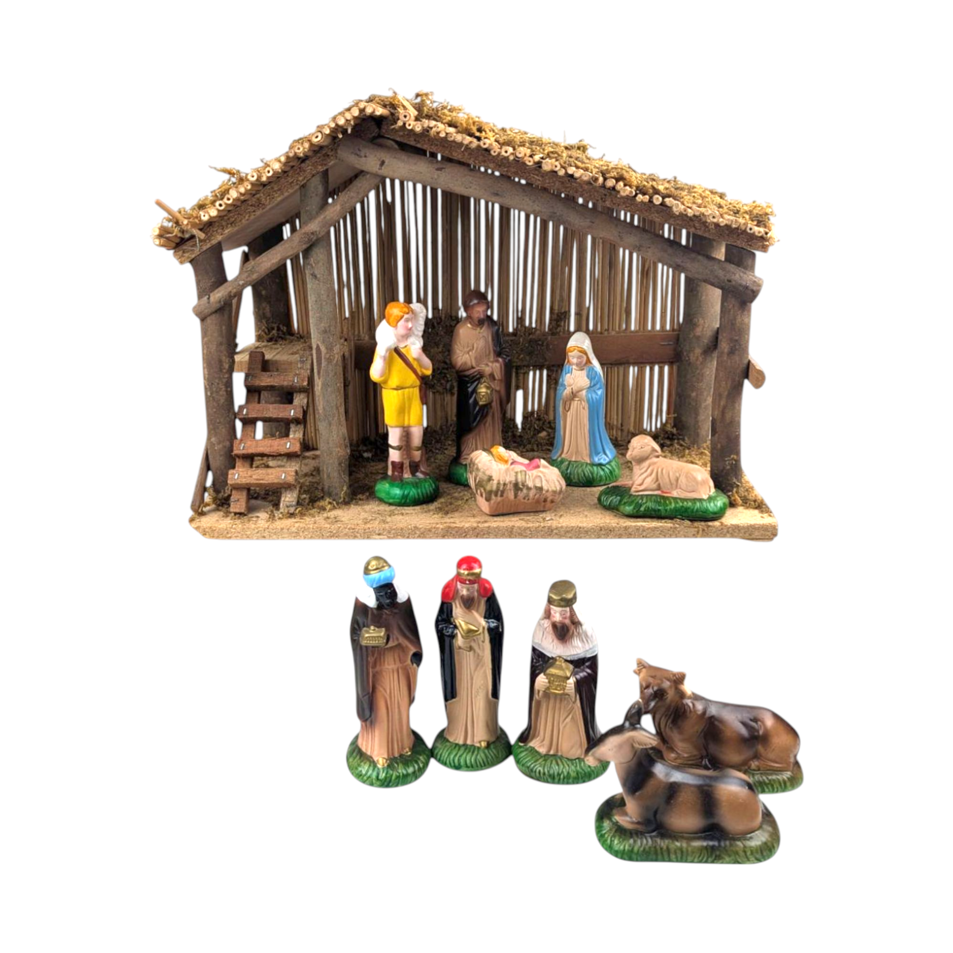 Vintage Sears Nativity Set, 11 Ceramic Figures and Wood Stable, Complete Christmas Manger Scene, Traditional Holiday Decor