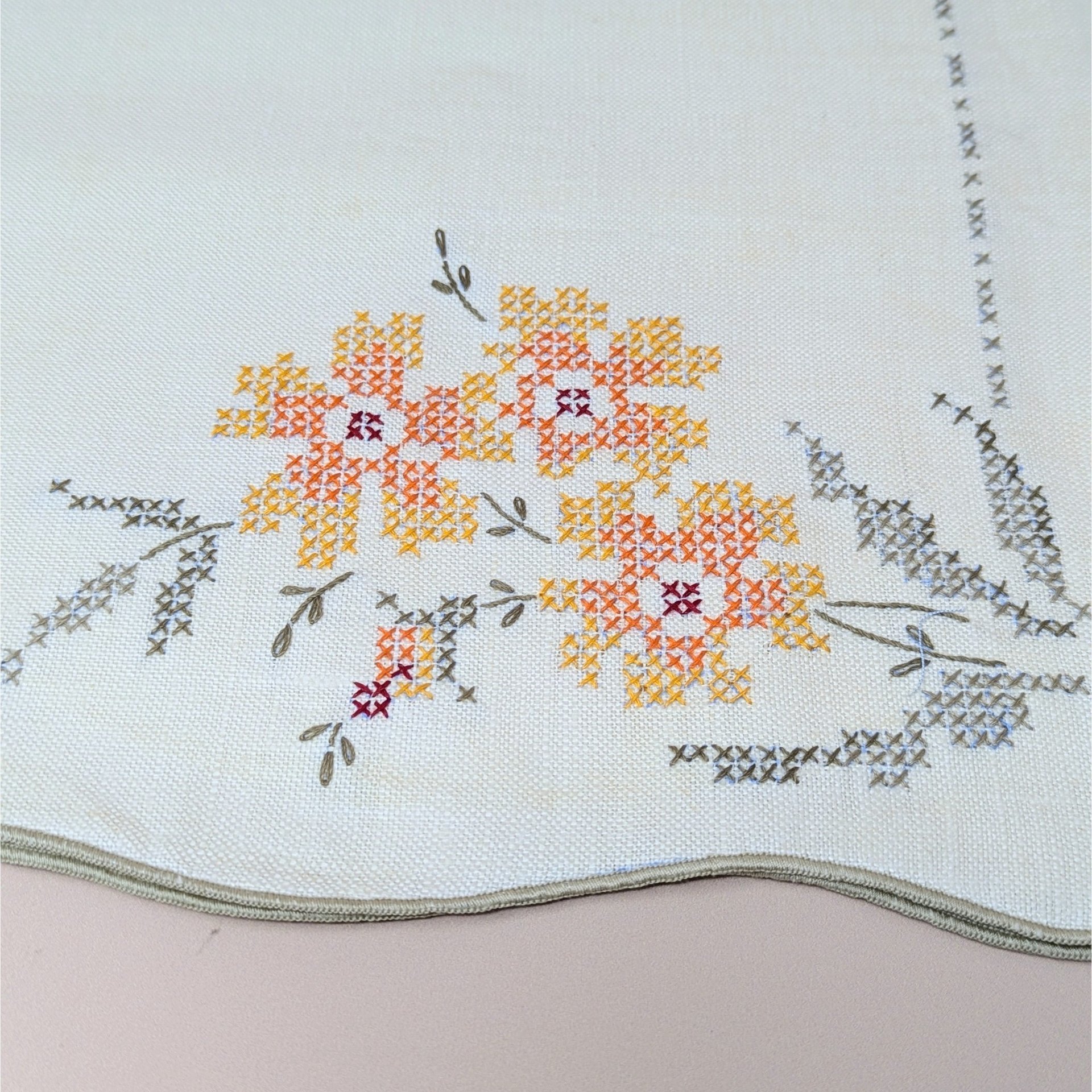 Vintage Bucilla 8 Piece Floral Cross Stitch Table Linen Set