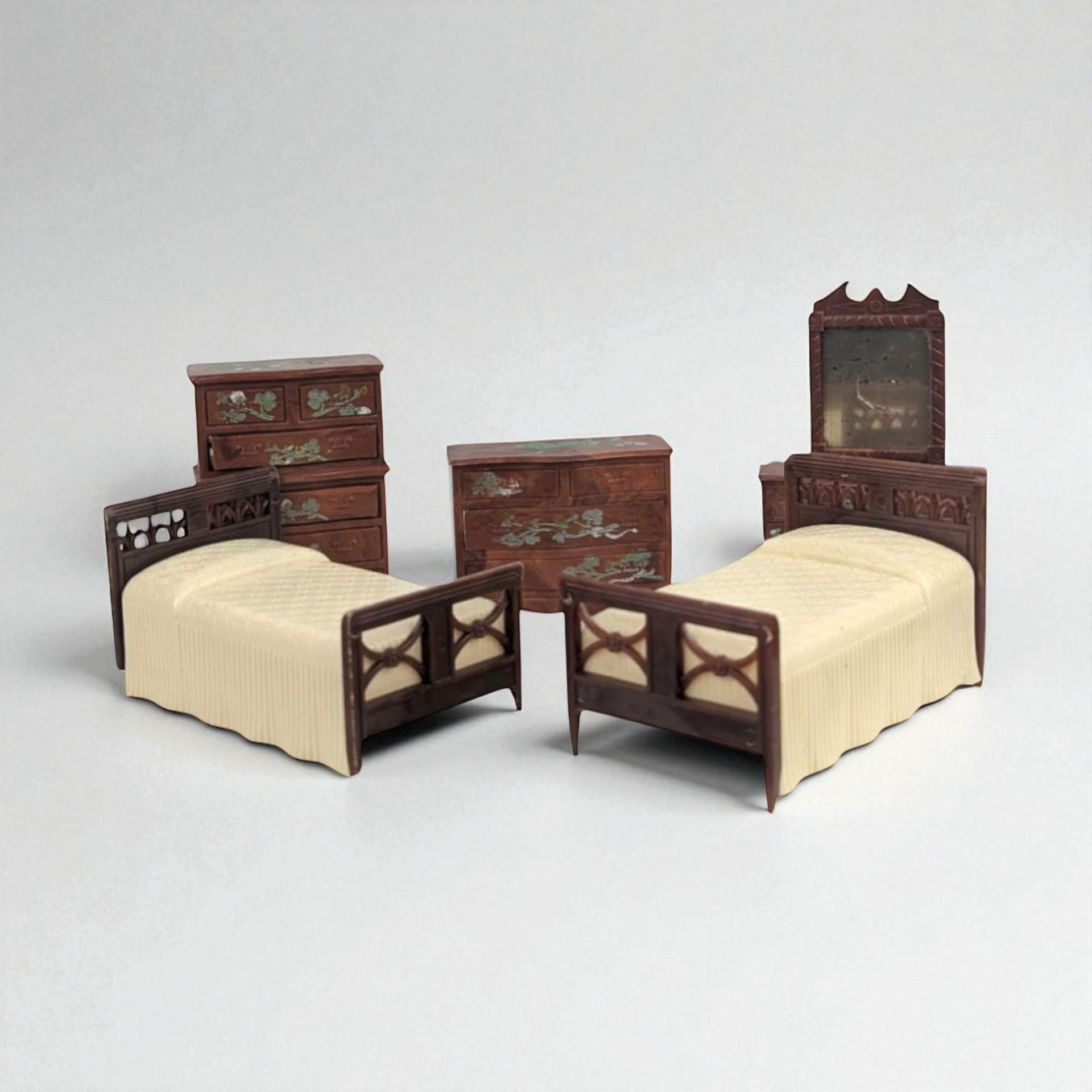 Vintage Renwal Dollhouse Bedroom Set, 1:16 Scale Modern Furniture, Miniature Beds Dressers Vanity, 1950s Collector Toy
