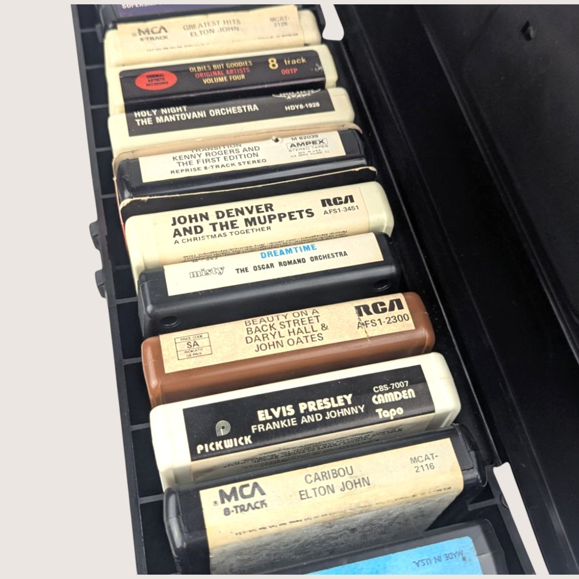 1976 Service Plastic Faux Woodgrain 8 Track Carrying Case with Tapes