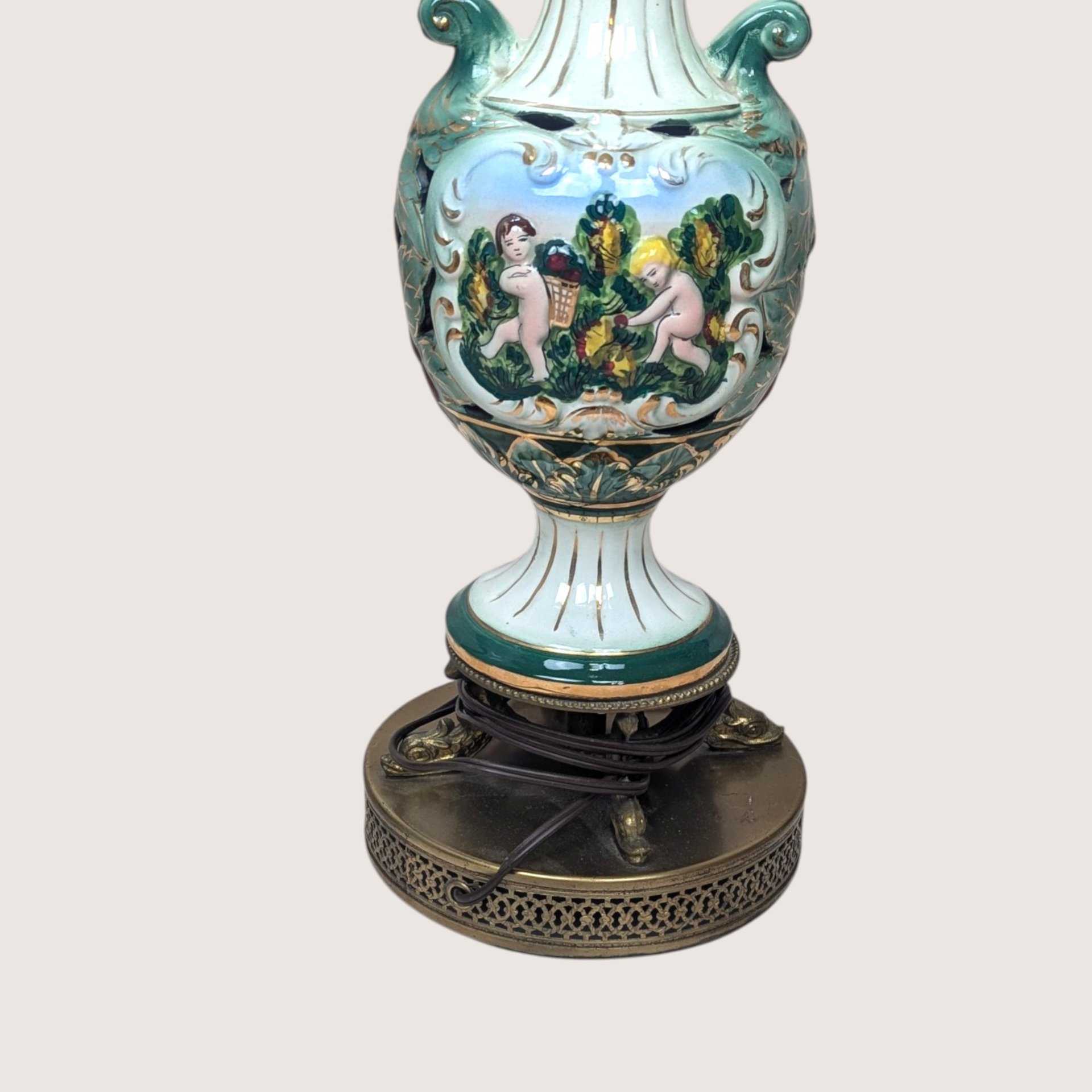 Vintage Mid Century Italian Capodimonte Style Cherub Ceramic Table Lamp